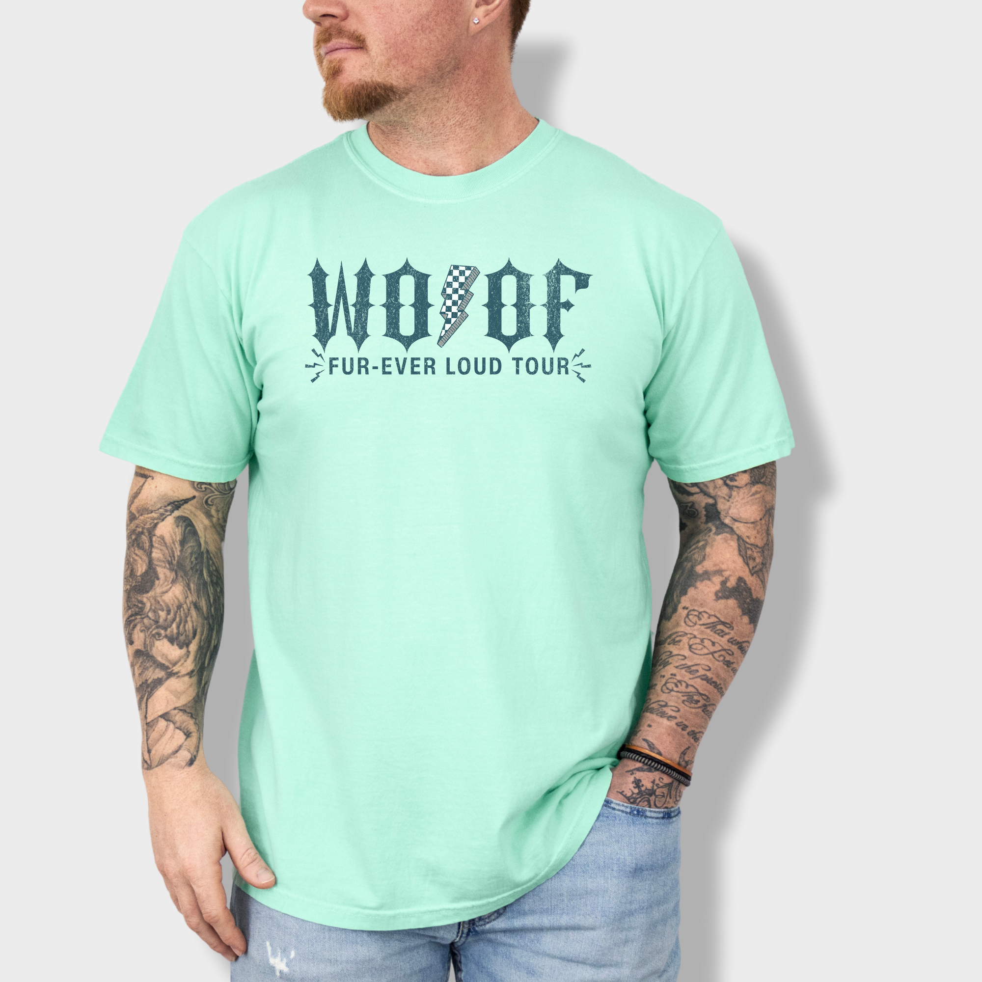 Artistic WOOF FurEver Loud Tour Dog Graphic Comfort Colors T-Shirt in Island Reef-T-Shirt-Island Reef-Fetch N Found
