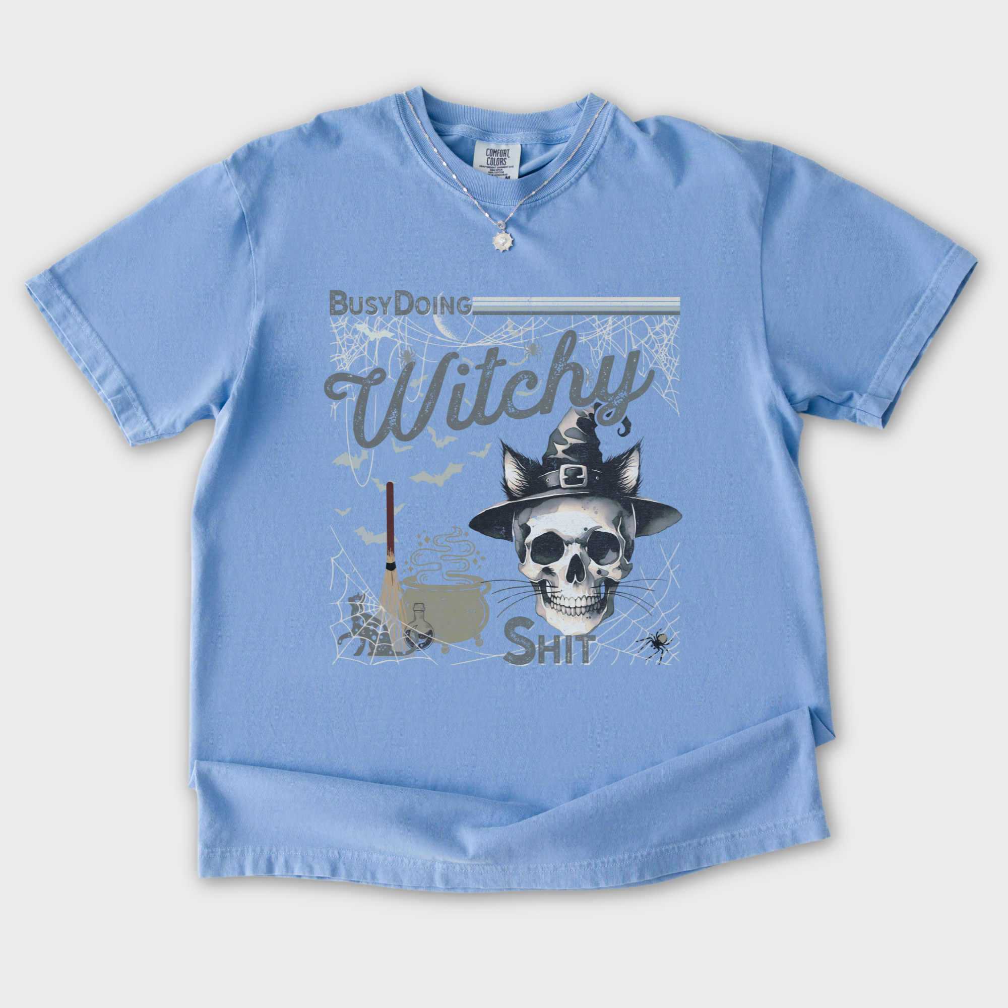 Retro BusyBeing a Witch Y2K Halloween Cat Skeleton Comfort Colors T-Shirt in Washed Denim-T-Shirt-Washed Denim-S-Fetch N Found