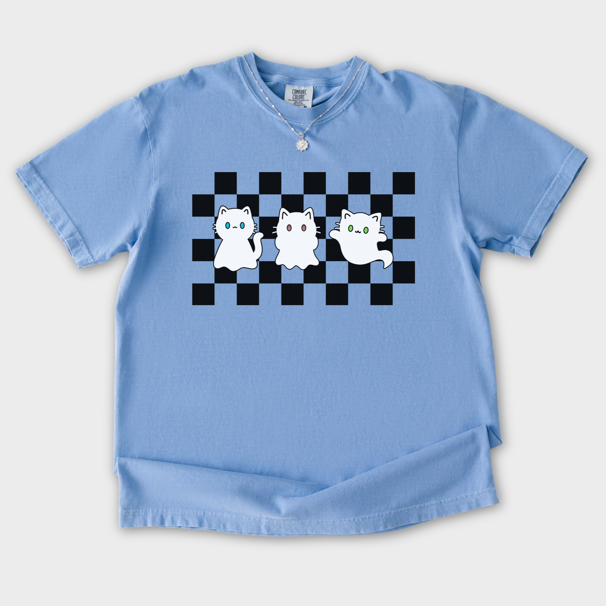 Minimalist Friendly Cat Ghosts Cat Graphic Comfort Colors T-Shirt in Washed Denim-T-Shirt-Washed Denim-S-Fetch N Found