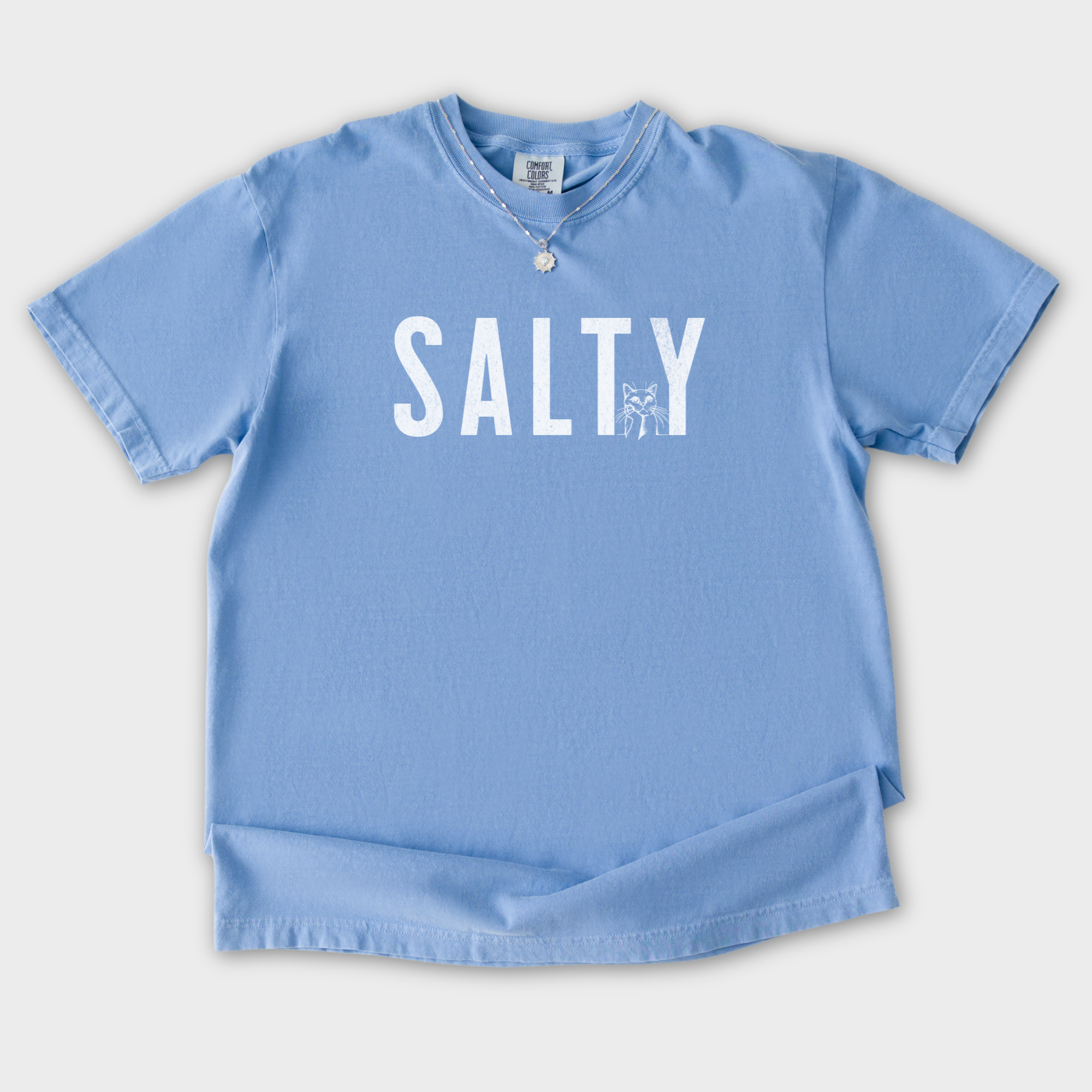Retro Salty Minimalist Cat Text Comfort Colors T-Shirt in Washed Denim