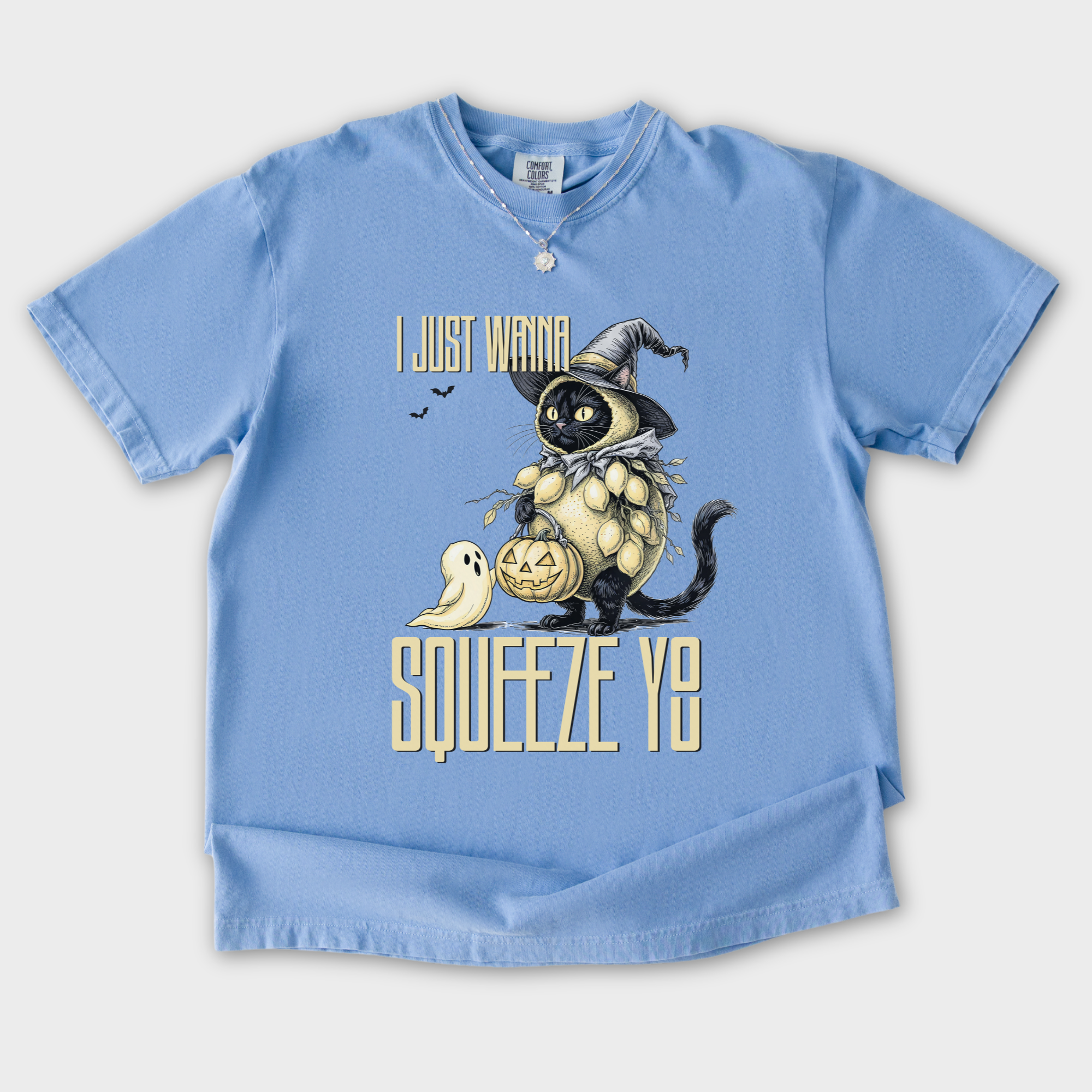 Line Art I Just Wanna Squeeze You Lemon Trick-or-Treater Cat Graphic Comfort Colors T-Shirt in Washed Denim-T-Shirt-Washed Denim-S-Fetch N Found