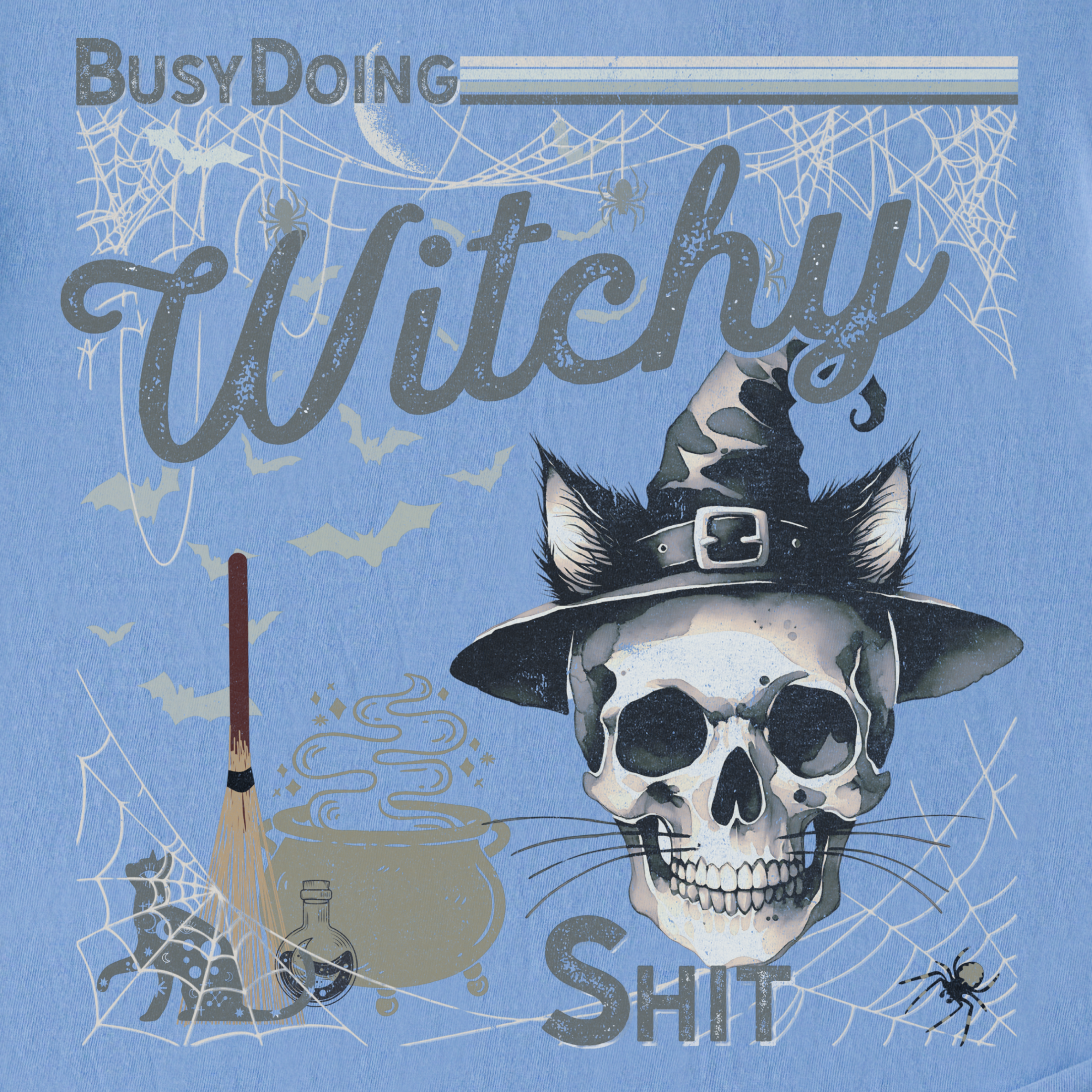 Retro BusyBeing a Witch Y2K Halloween Cat Skeleton Comfort Colors T-Shirt in Washed Denim-T-Shirt-Fetch N Found