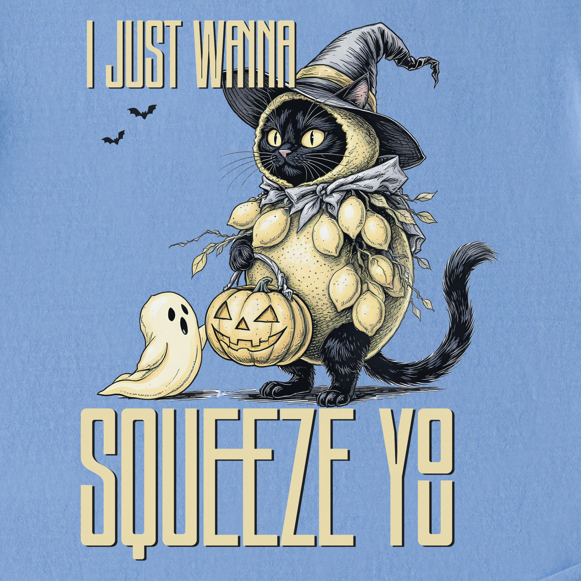 Line Art I Just Wanna Squeeze You Lemon Trick-or-Treater Cat Graphic Comfort Colors T-Shirt in Washed Denim-T-Shirt-Fetch N Found