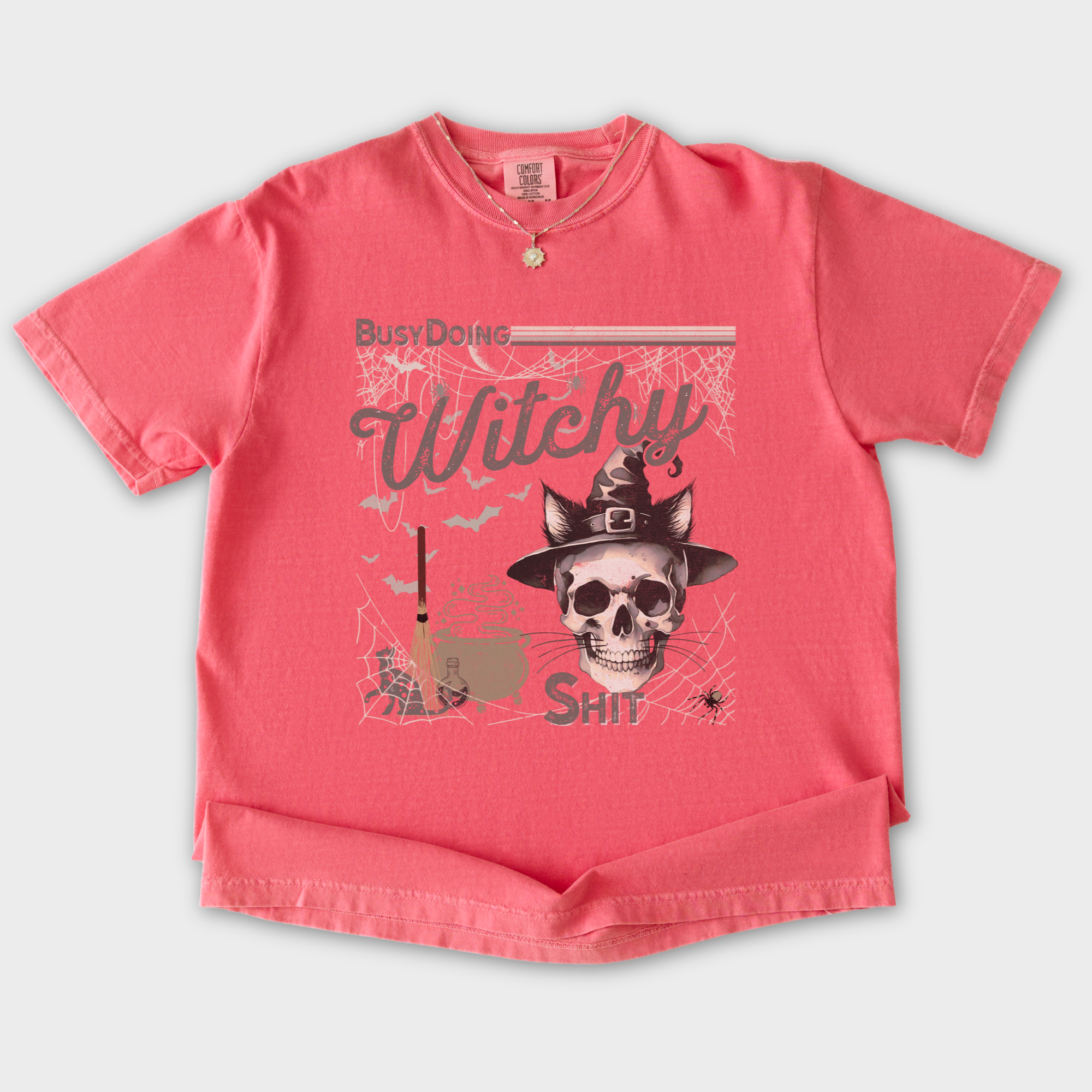 Retro Busy Being a Witch Y2K Halloween Cat Skeleton Comfort Colors T-Shirt in Watermelon-T-Shirt-Watermelon-S-Fetch N Found