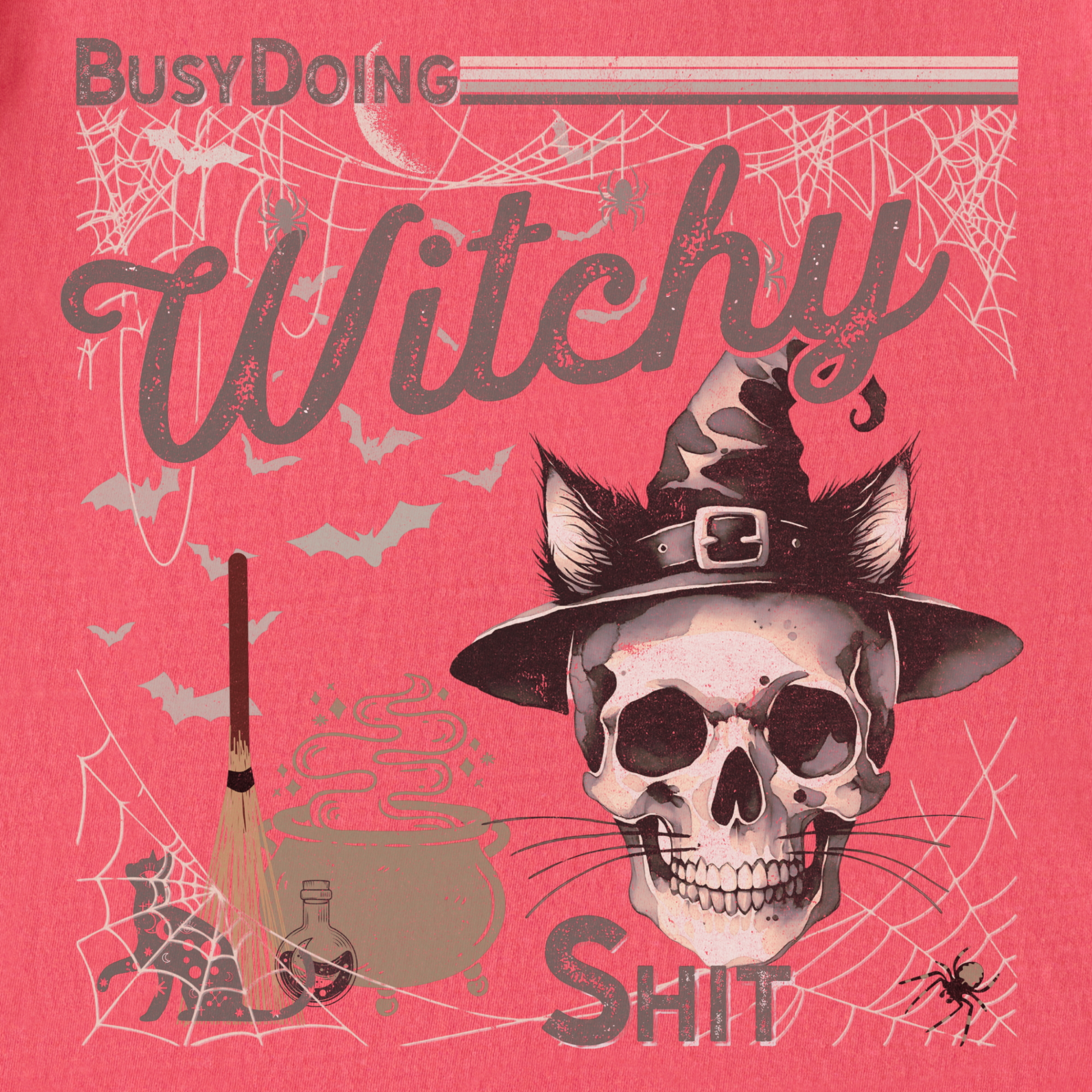 Retro Busy Being a Witch Y2K Halloween Cat Skeleton Comfort Colors T-Shirt in Watermelon-T-Shirt-Fetch N Found