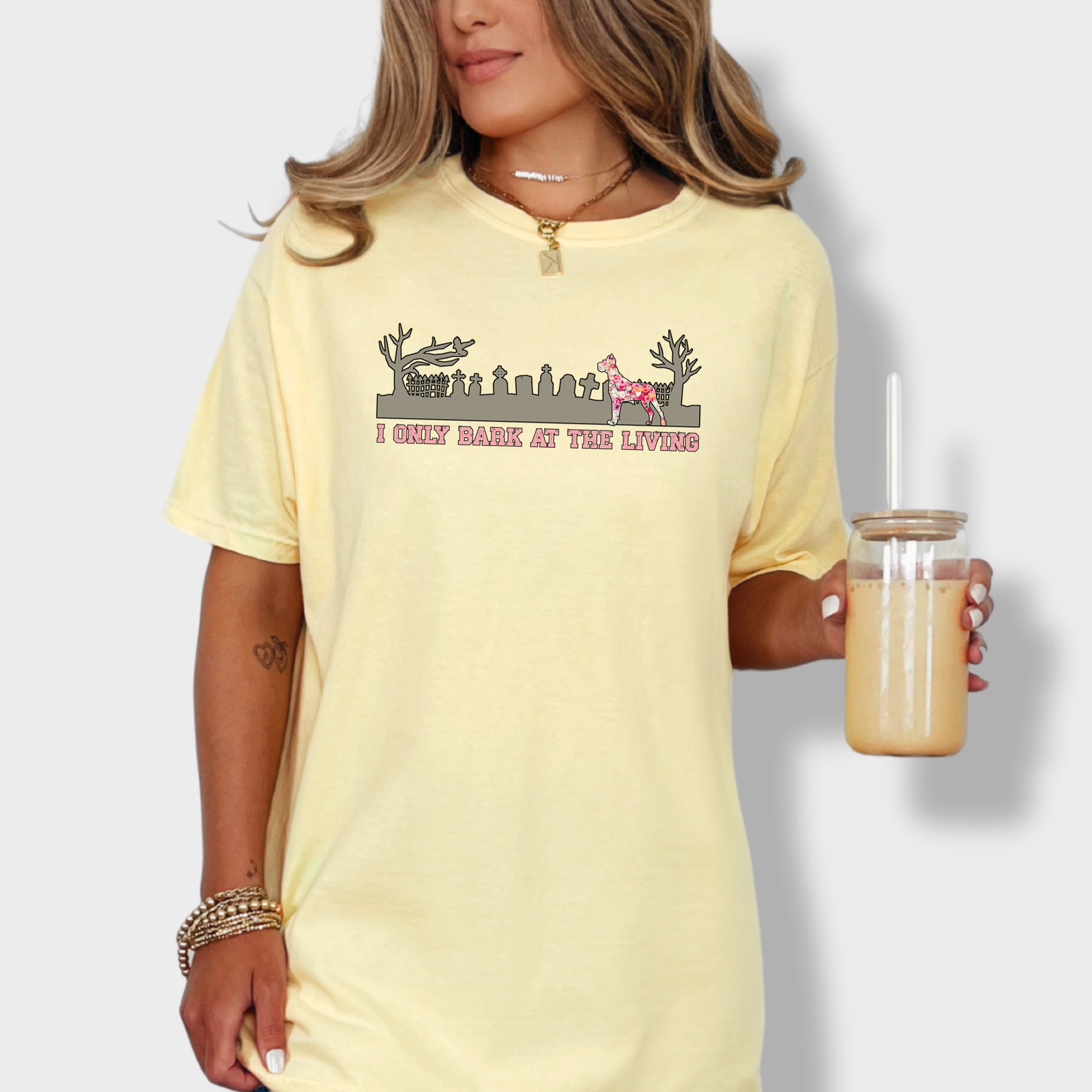 Artistic I only Bark at the Living Dog Graphic Comfort Colors T-Shirt in Butter-Fetch N Found