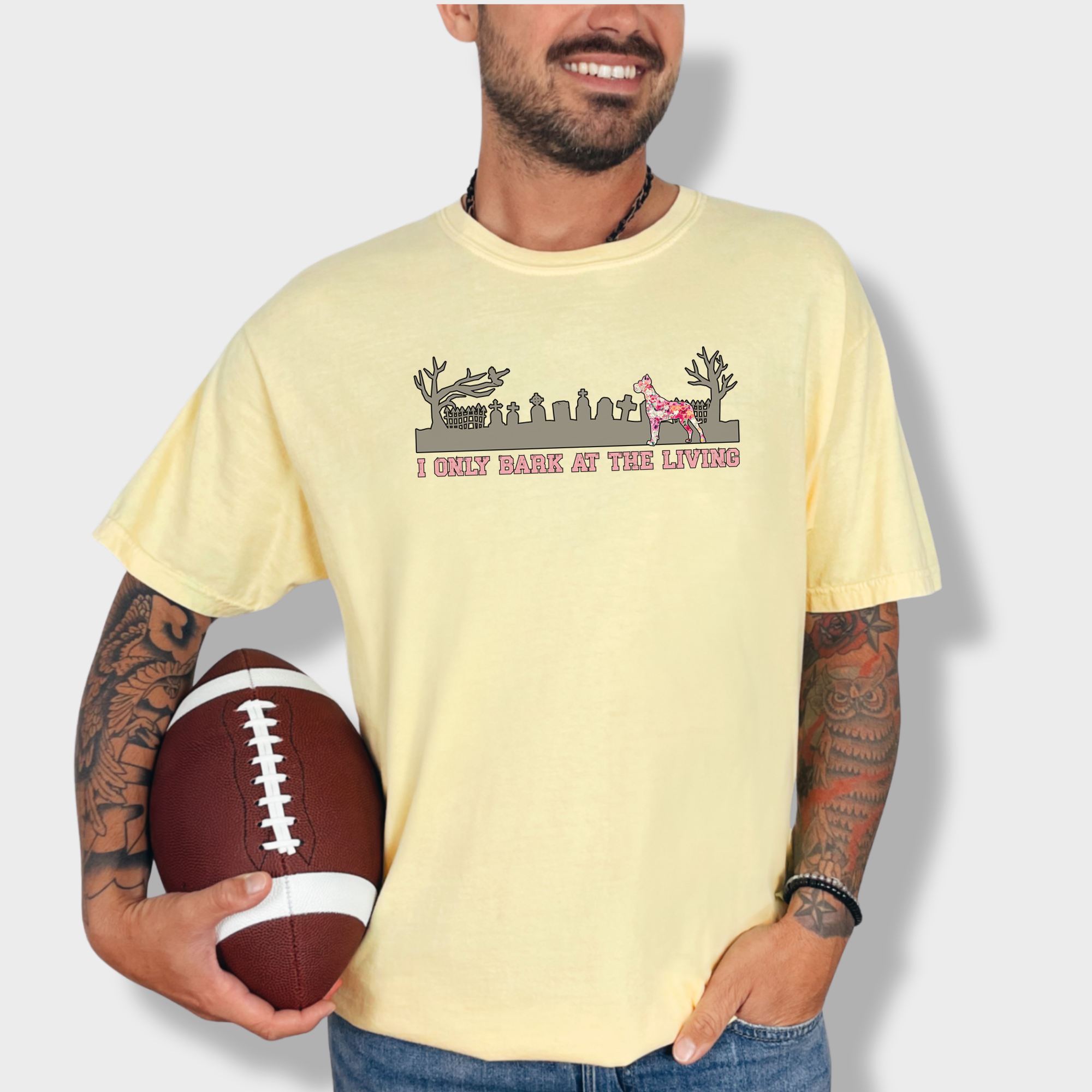 Artistic I only Bark at the Living Dog Graphic Comfort Colors T-Shirt in Butter-Fetch N Found