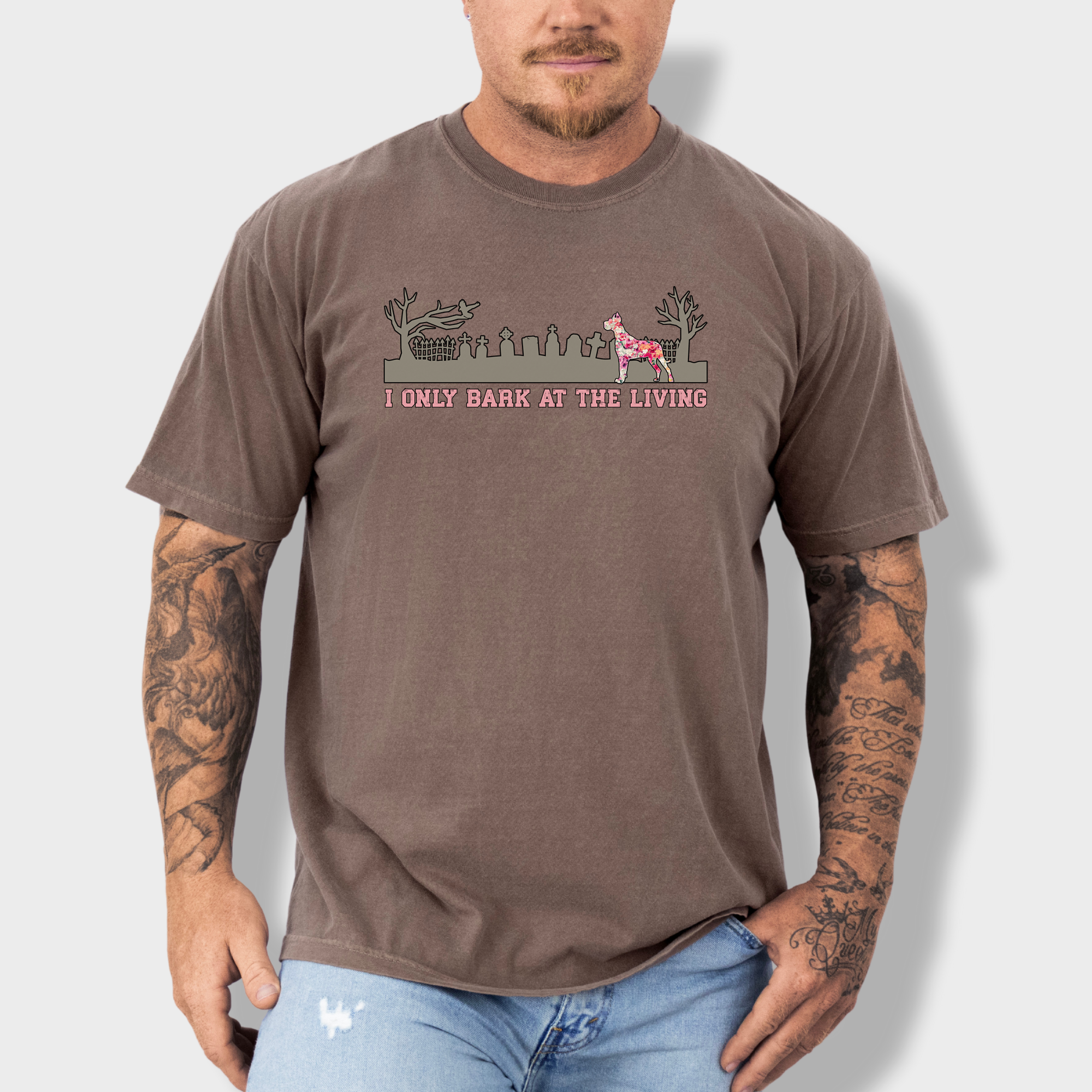 Artistic I only Bark at the Living Dog Graphic Comfort Colors T-Shirt in Espresso-Fetch N Found