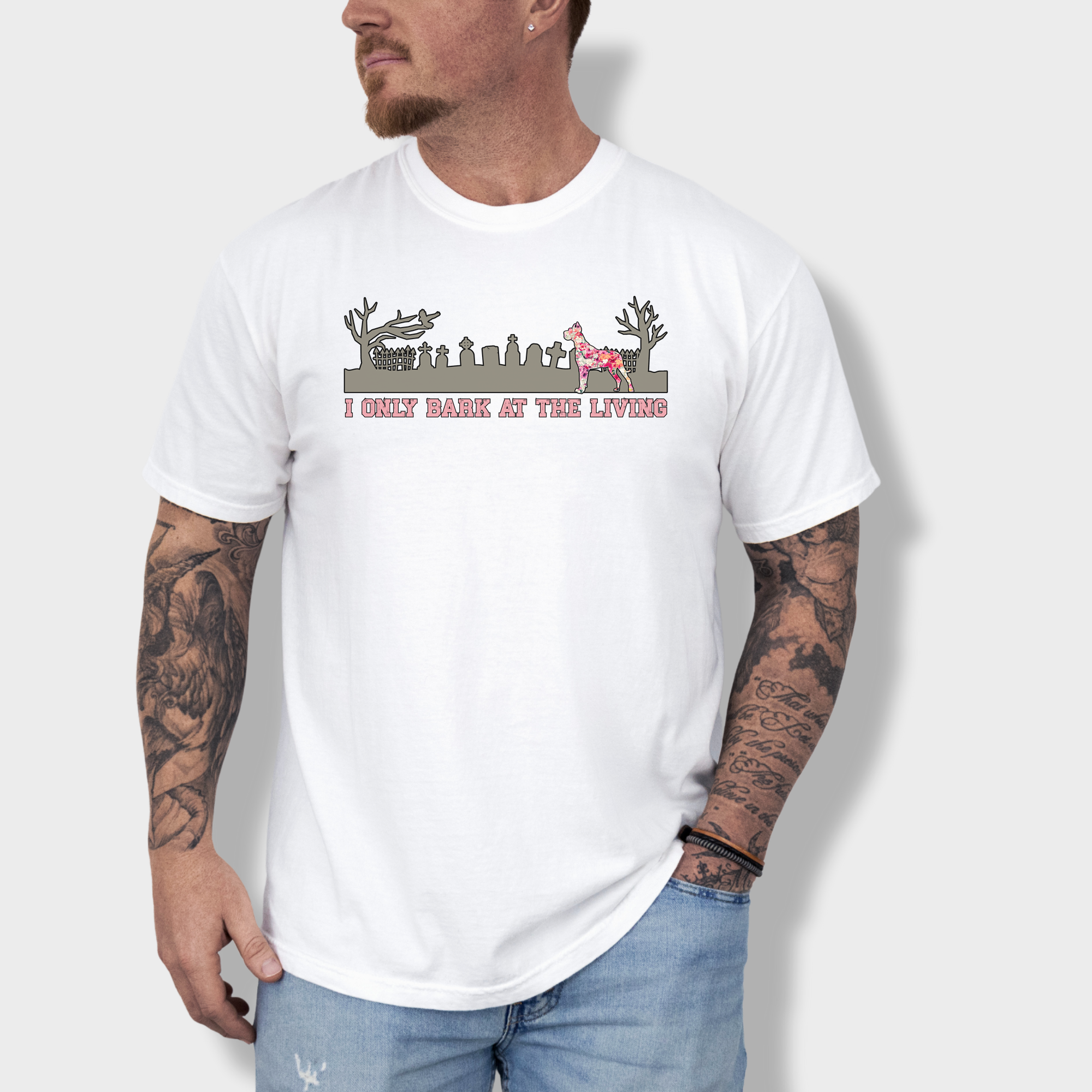 Artistic I only Bark at the Living Dog Graphic Comfort Colors T-Shirt in White-Fetch N Found