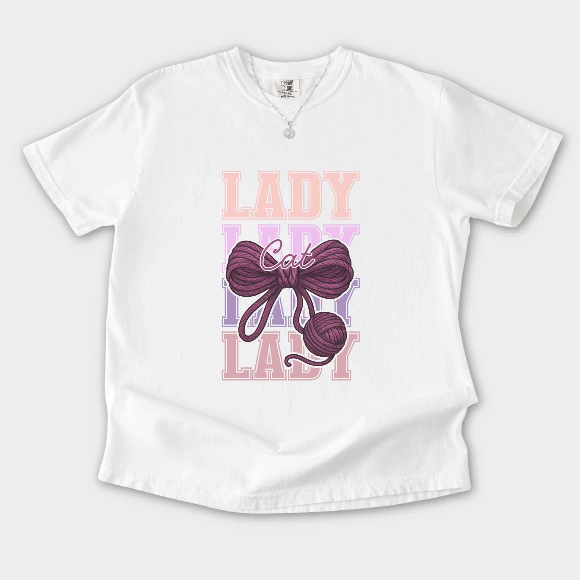 Retro Cat LADY Yarn Bow Cat Bow Comfort Colors T-Shirt in White