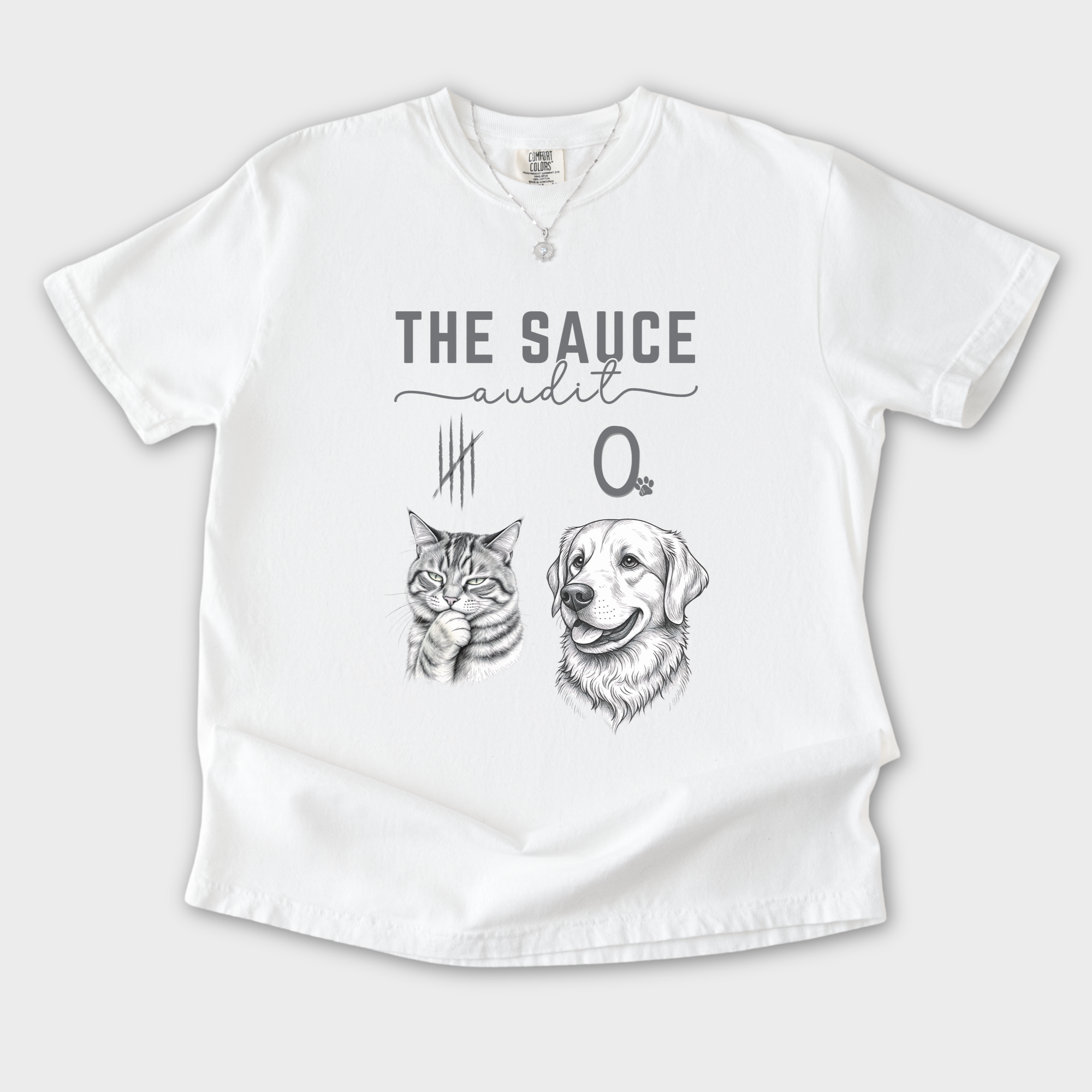Line Art Who Gives the Sauce Cat v Dog Sauce Audit Dog Graphic Comfort Colors T-Shirt in White-T-Shirt-White-S-Fetch N Found