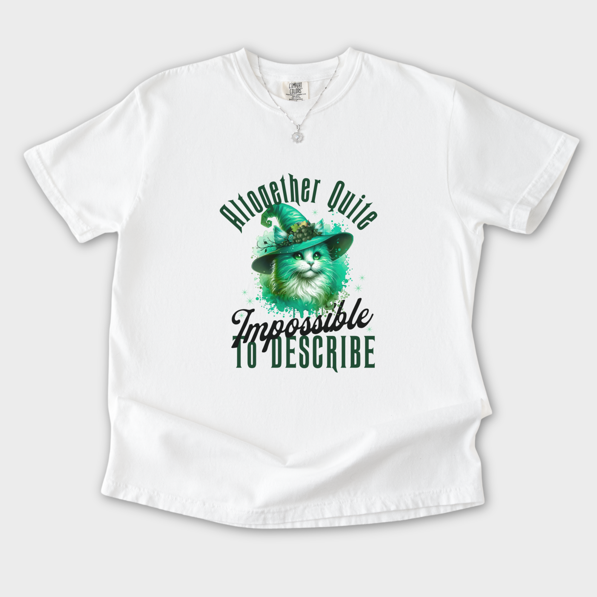 Retro Cute Cat Green Wicked Impossible to Describe Graphic T-Shirt in White