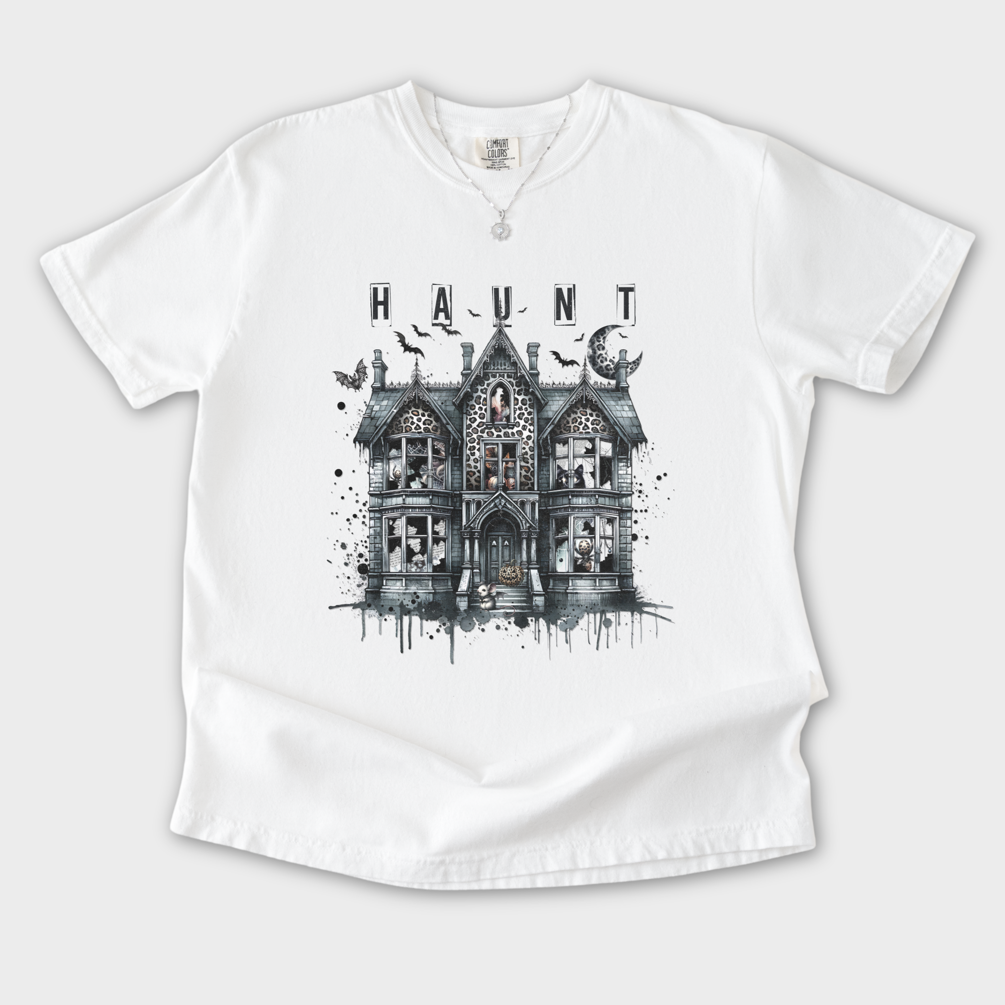 Retro HAUNT Leopard Print House Collage Cat Graphic Comfort Colors T-Shirt in White-T-Shirt-White-S-Fetch N Found