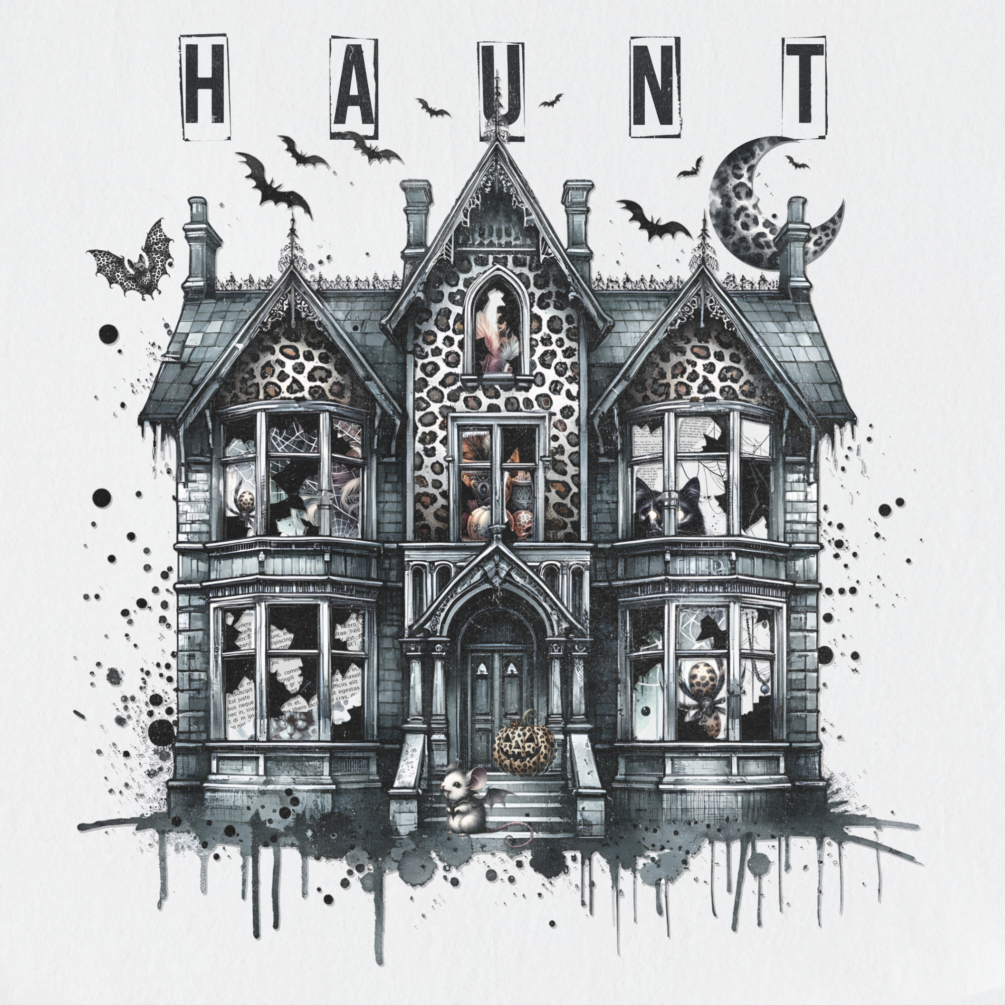 Retro HAUNT Leopard Print House Collage Cat Graphic Comfort Colors T-Shirt in White-T-Shirt-Fetch N Found