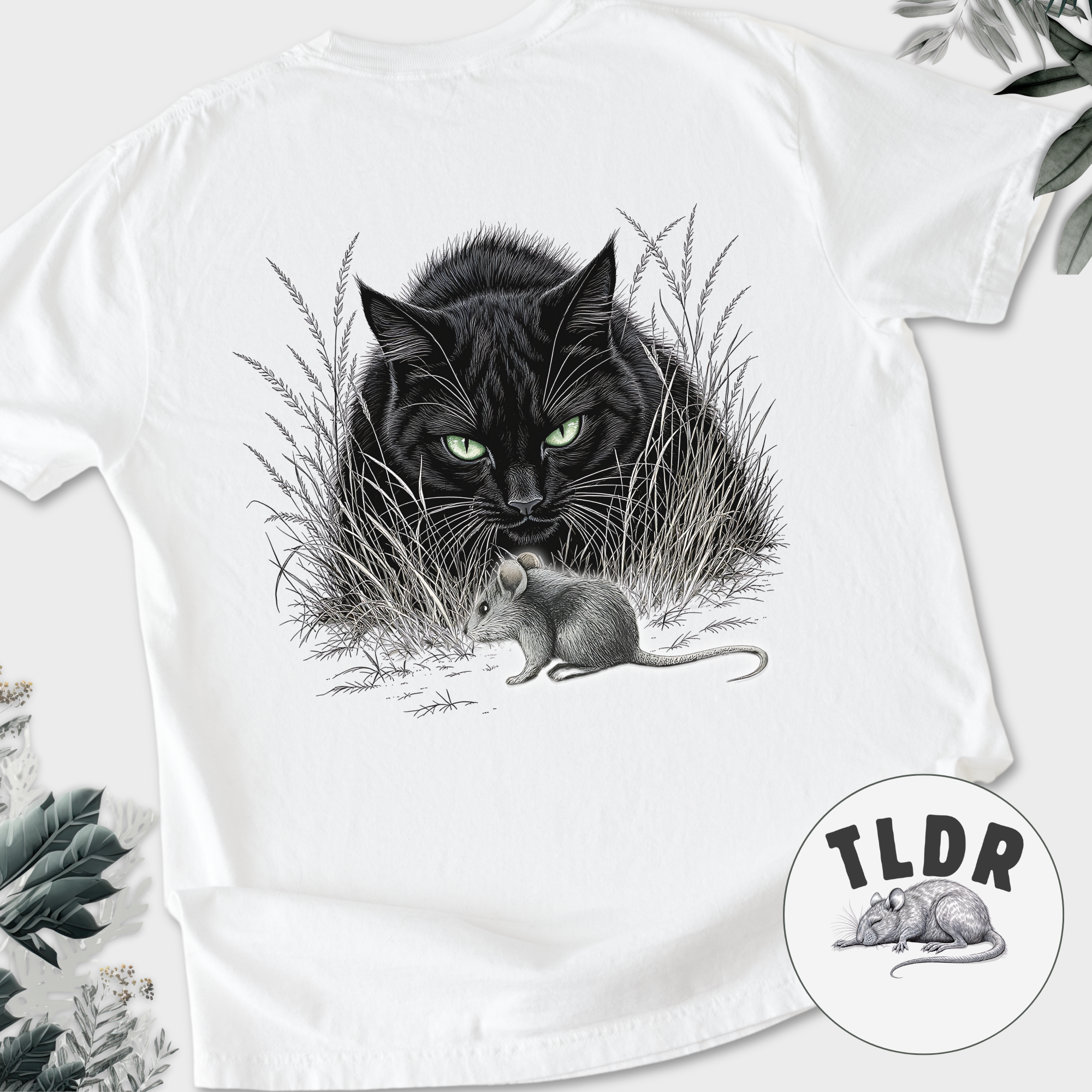Line Art Too Long Didnt Read TLDR Cat plus Mouse Cat Graphic Comfort Colors T-Shirt in White-T-Shirt-White-Fetch N Found