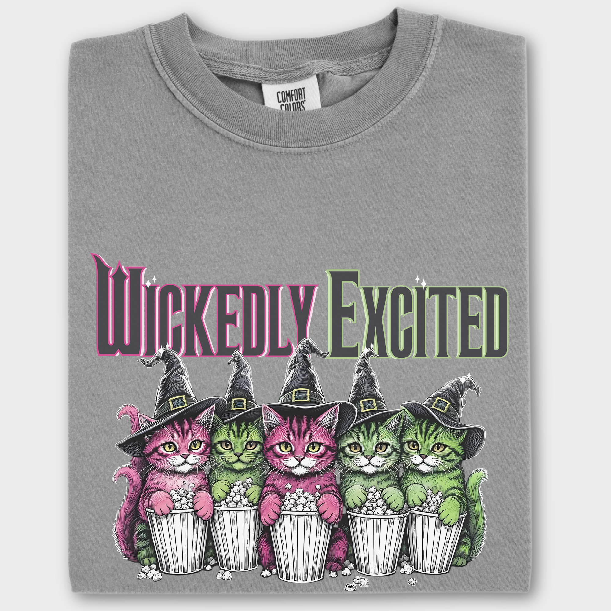 Movie-Inspired Wickedly Excited Movie Going Kitties Cat Graphic Comfort Colors T-Shirt in Gray-T-Shirt-Gray-Fetch N Found