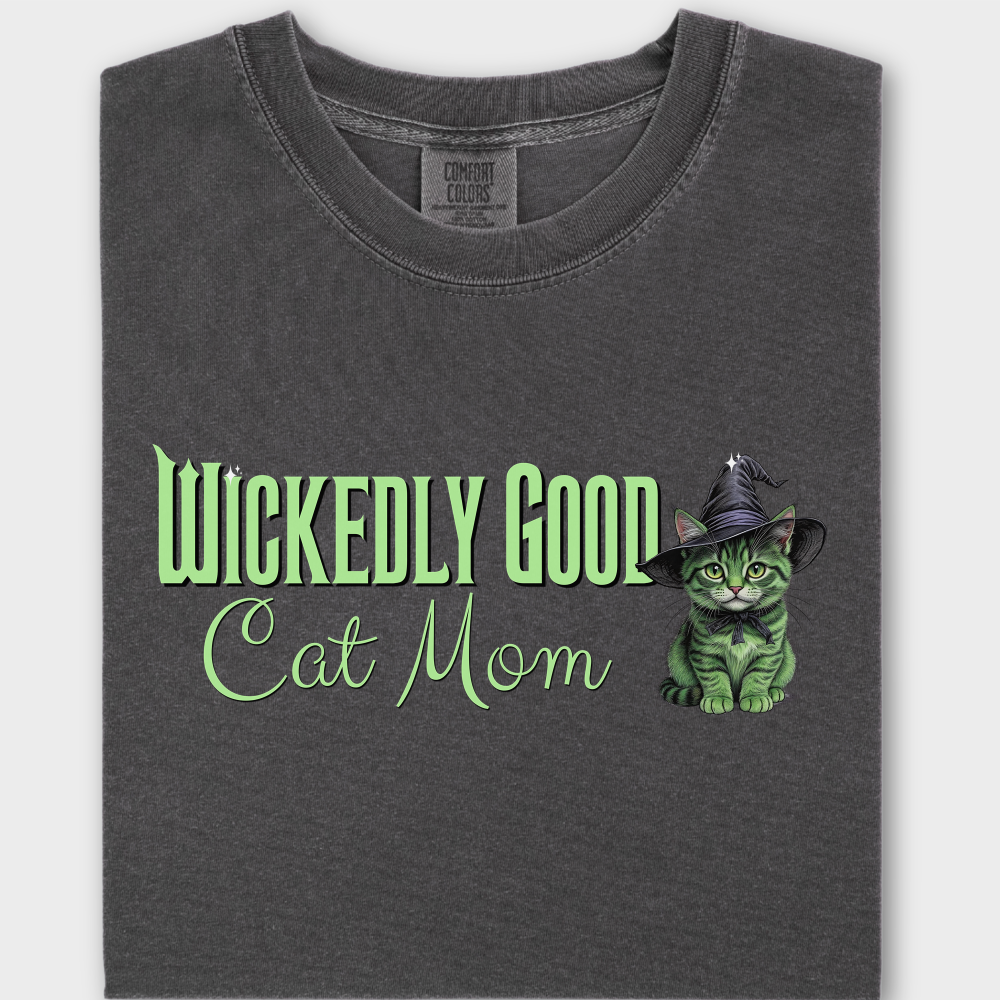 Movie-Inspired Green Wickedly Good Cat Mom Cat Graphic Comfort Colors T-Shirt in Pepper-T-Shirt-Pepper-Fetch N Found