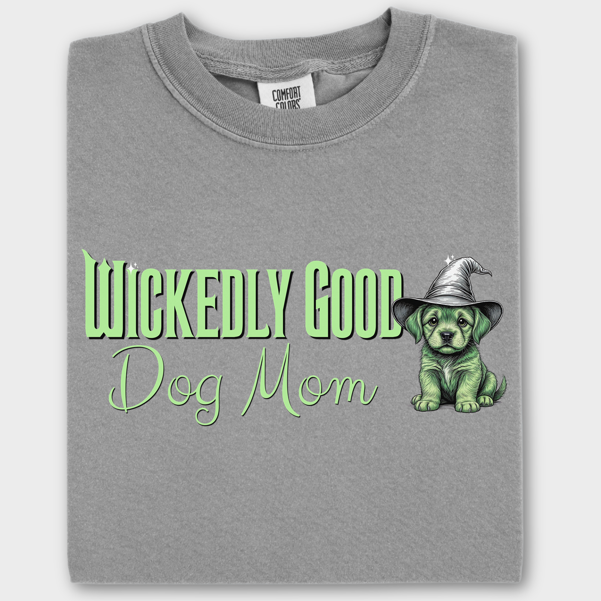 Movie-Inspired Green Wickedly Good Dog Mom Dog Graphic Comfort Colors T-Shirt in Gray-T-Shirt-Gray-Fetch N Found