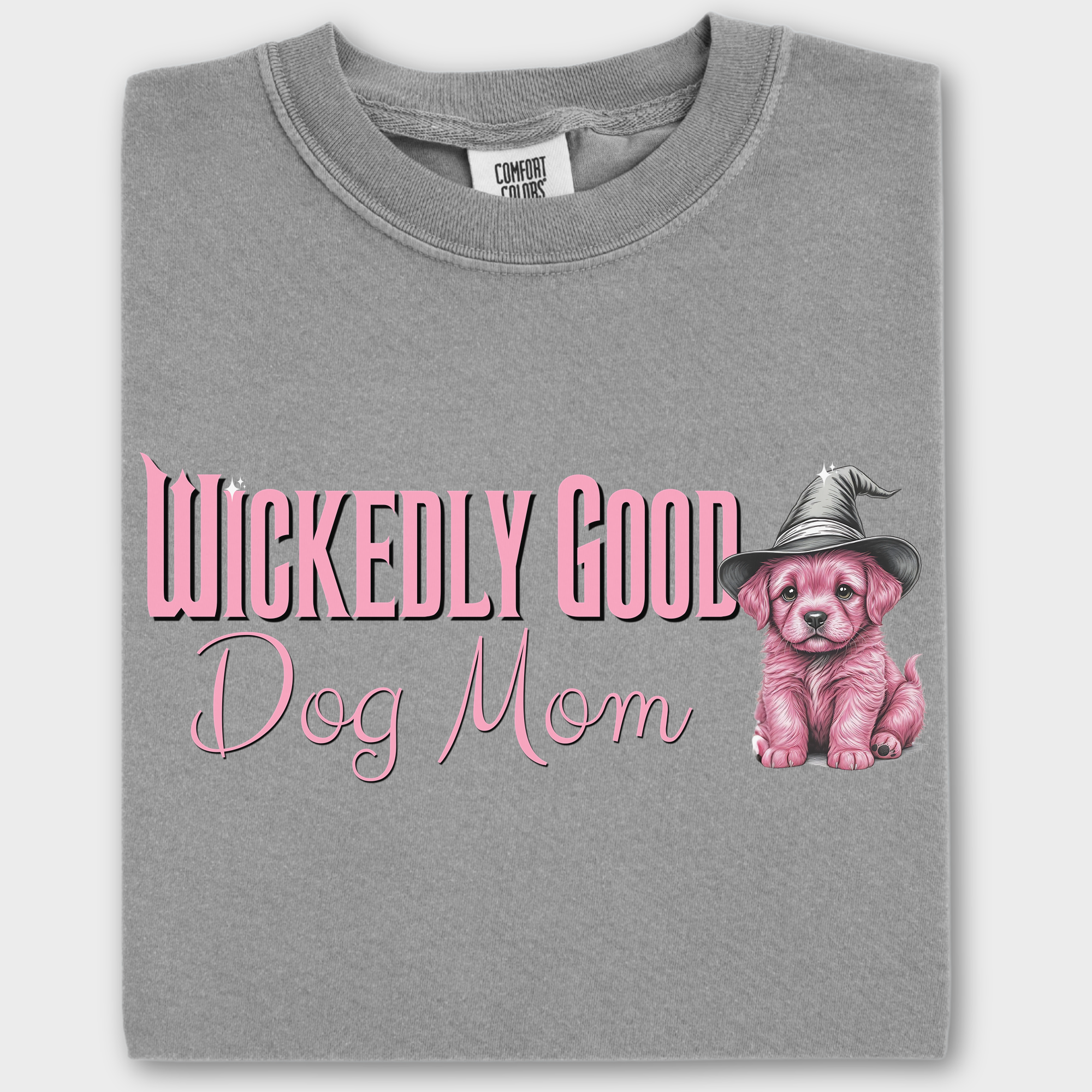 Movie-Inspired Pink Wickedly Good Dog Mom Dog Graphic Comfort Colors T-Shirt in Gray-T-Shirt-Gray-Fetch N Found