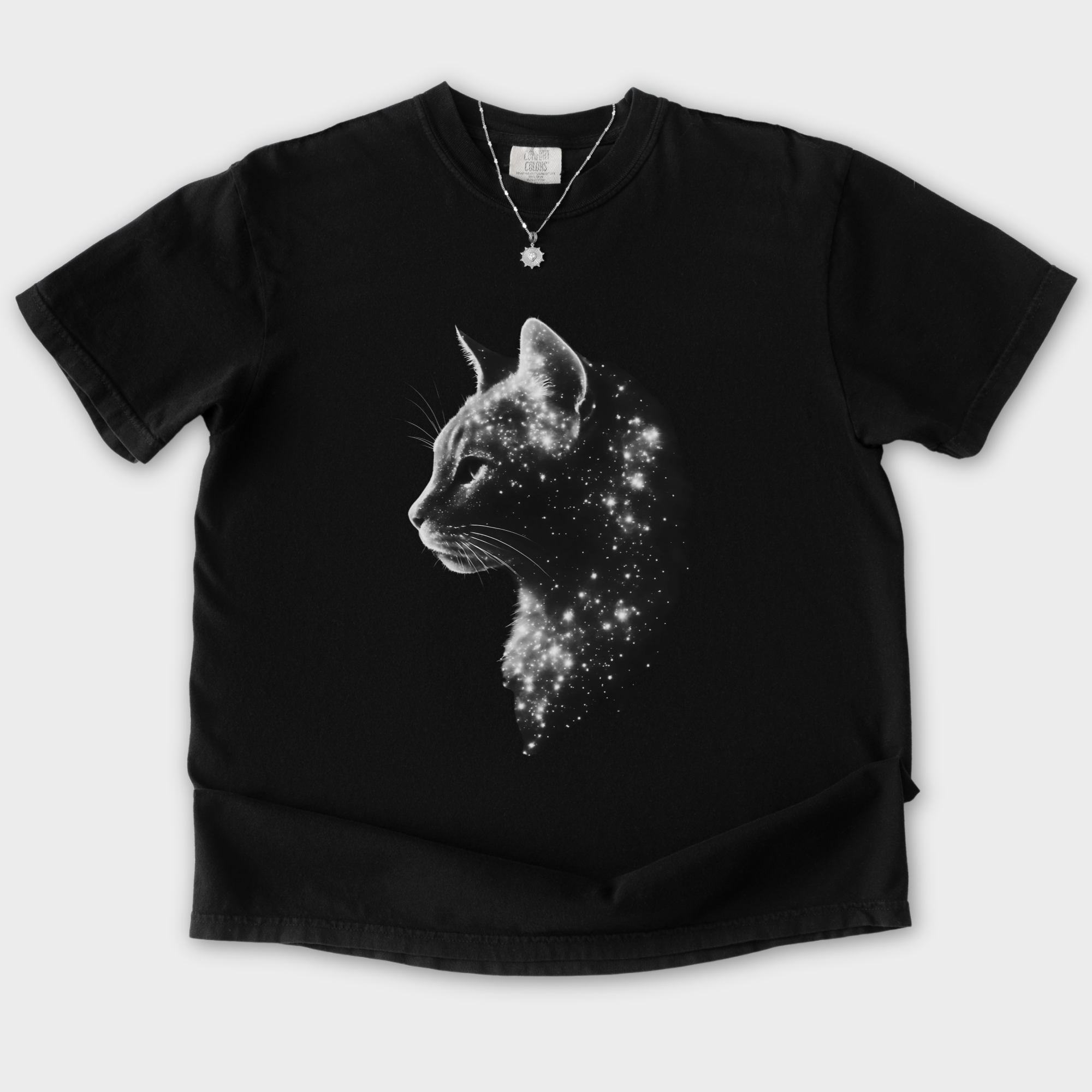 artistic-astrological-cat-cat-graphic-comfort-colors-t-shirt-in-black - Black Flat Lay Front