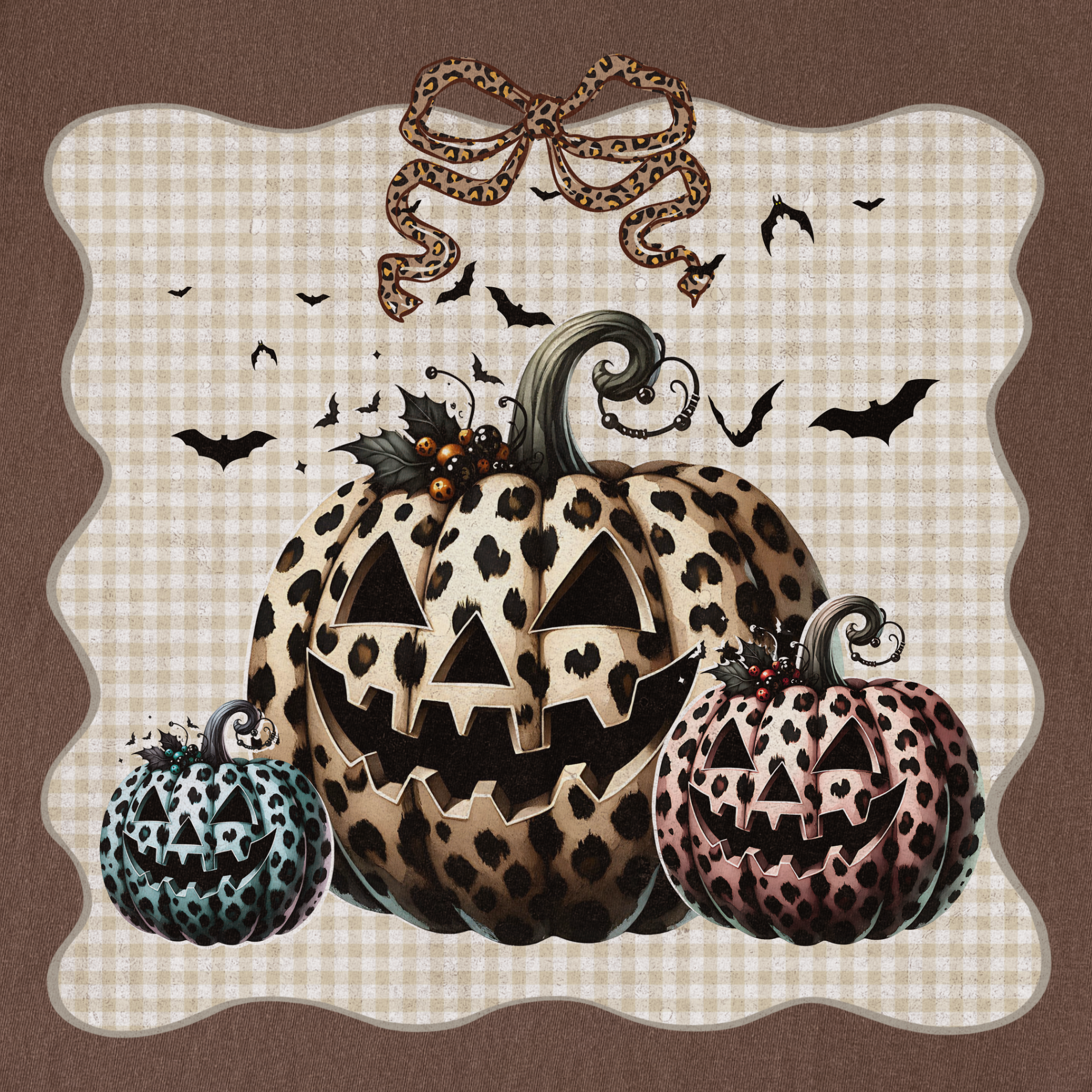 western-preppy-leopard-print-jack-o-lanterns-cat-bow-comfort-colors-t-shirt-in-espresso - Espresso Full Graphic