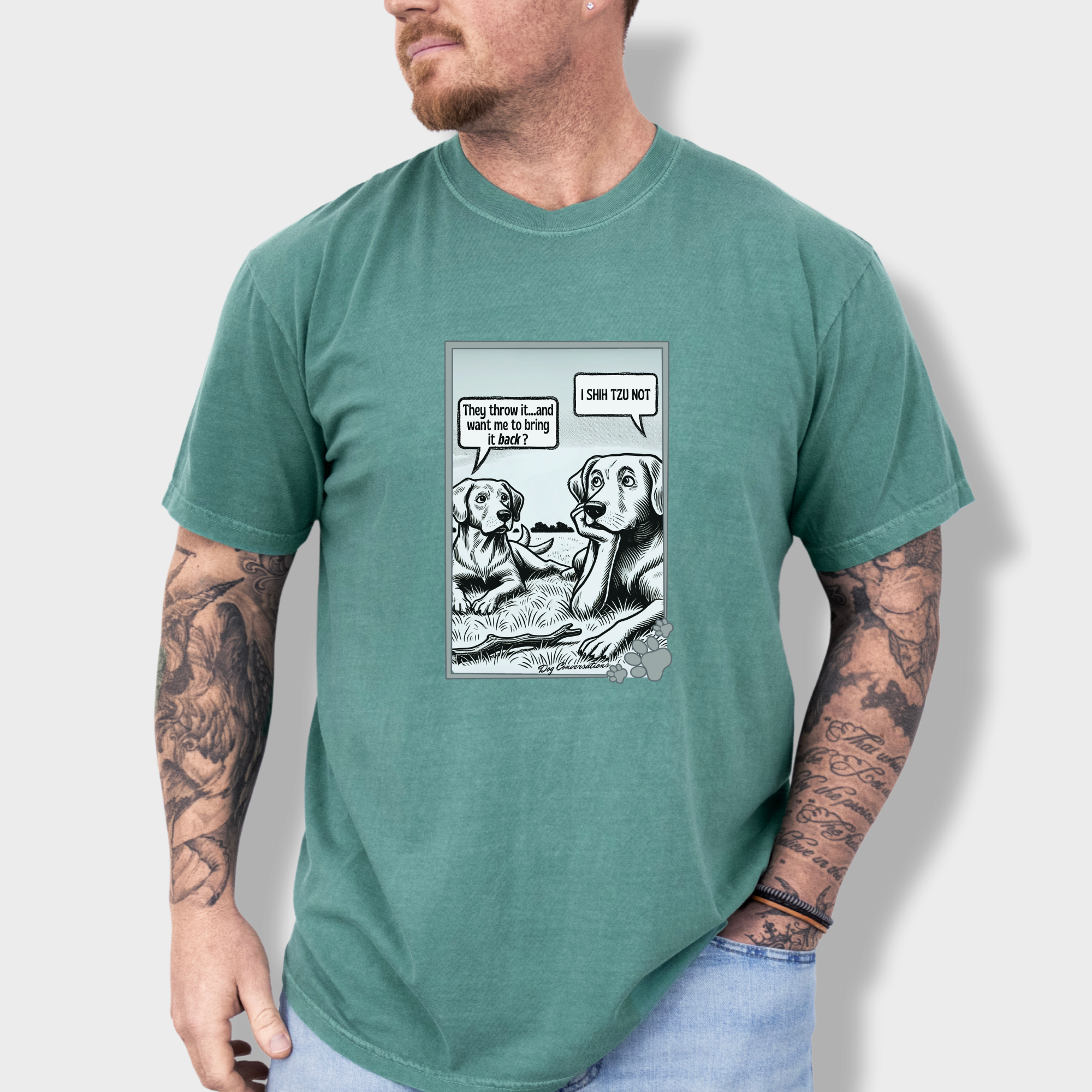 western-i-shih-tzu-not-stick-dog-graphic-comfort-colors-t-shirt-in-light-green - Light Green Lifestyle Male Model
