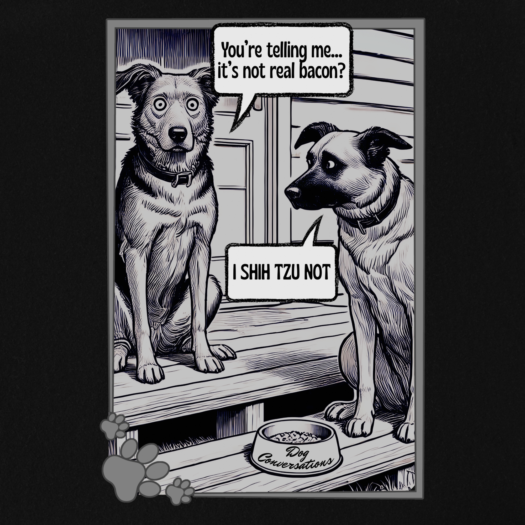 vintage-i-shih-tzu-not-bacon-dog-line-art-comfort-colors-t-shirt-in-black - Black Full Graphic