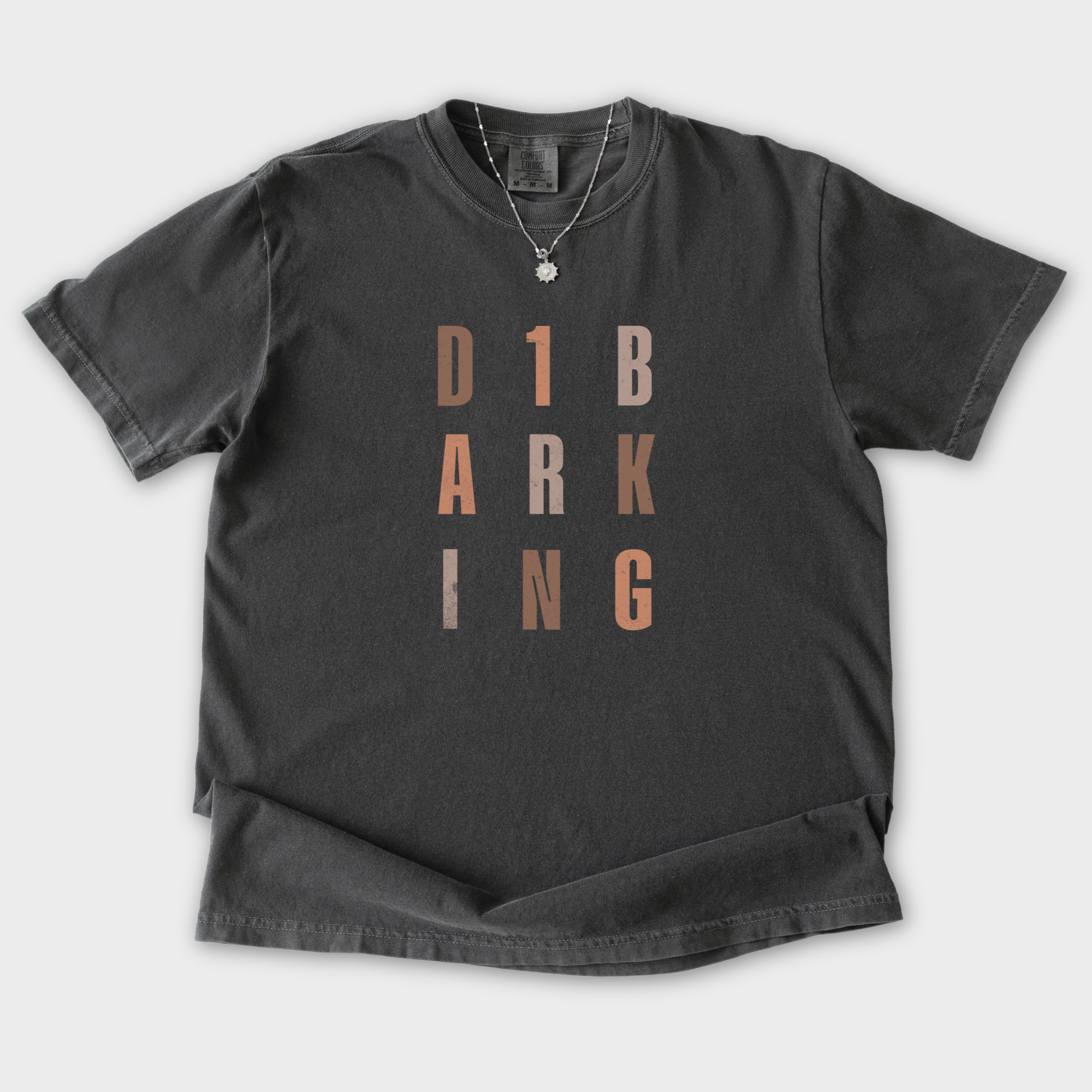 fetch-n-found  unisex tee for men and women featuring , D1 Barking Modern Neutral Grid Pepper graphic T-Shirt made of 100% cotton - Pepper Flat Lay Front
