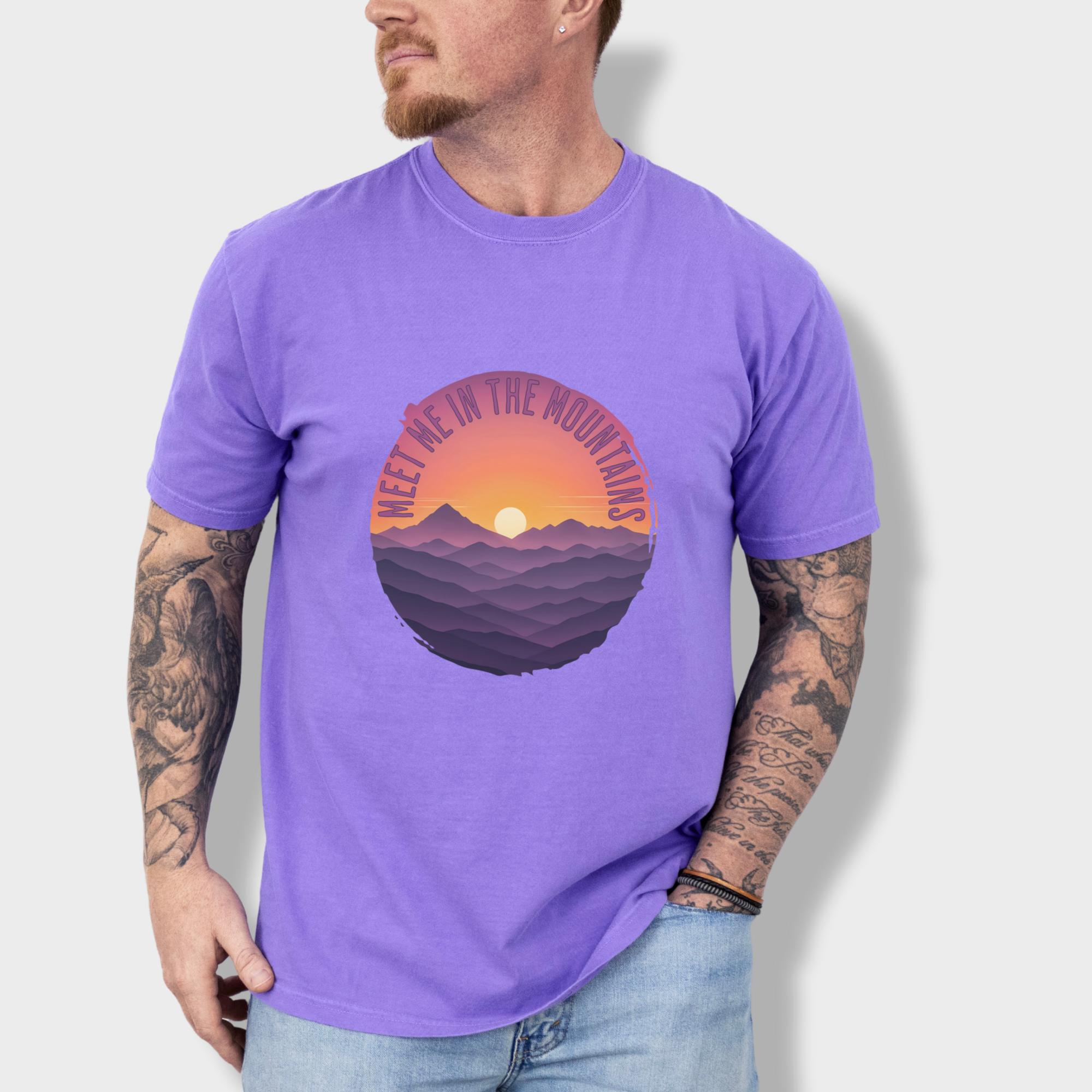 artistic-meet-me-in-the-mountains-version-ii-pet-graphic-comfort-colors-t-shirt-in-violet - Violet Lifestyle Male Model