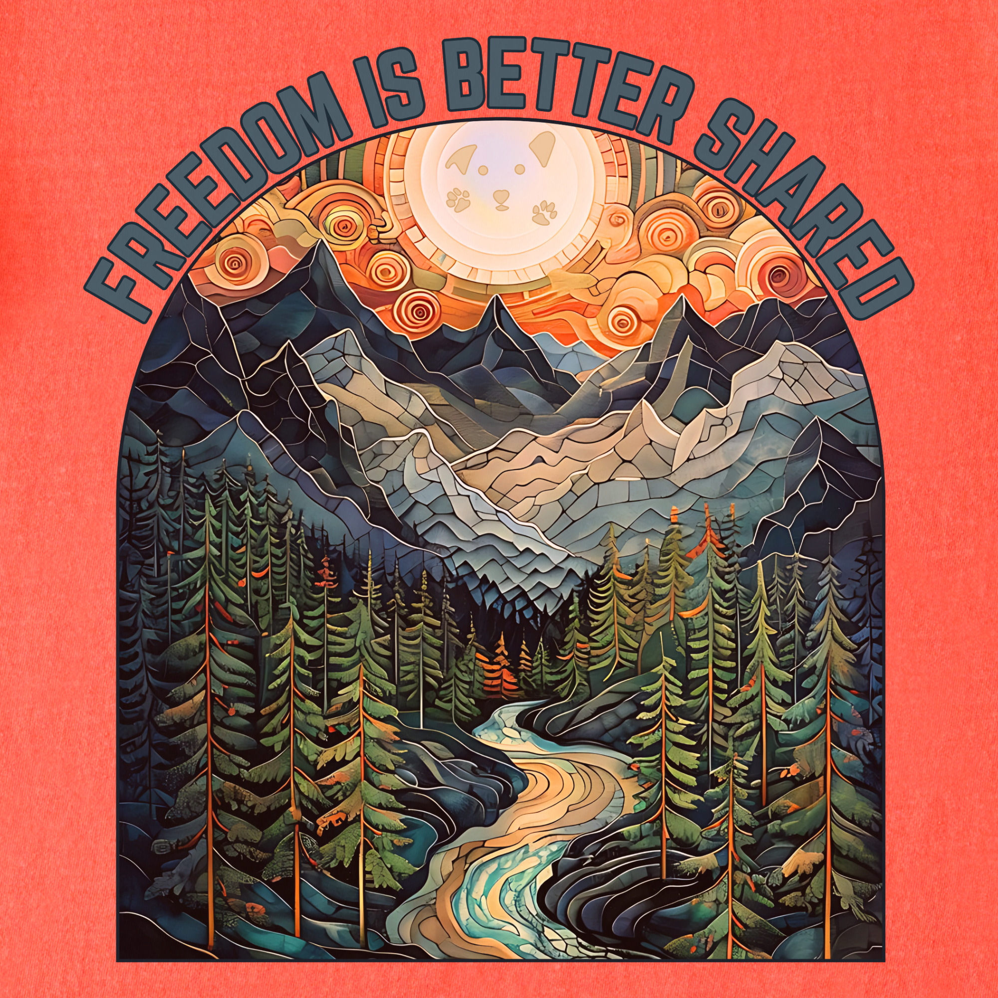 artistic-mountain-freedom-is-better-shared-stained-glass-version-dog-graphic-comfort-colors-t-shirt-in-bright-salmon - Bright Salmon Full Graphic