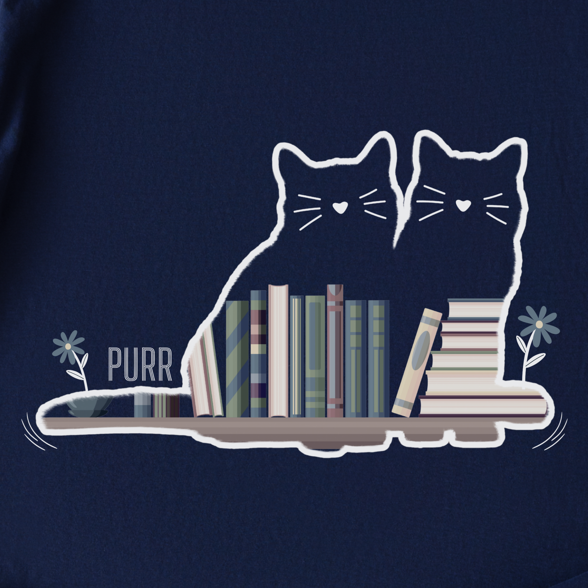 vintage-cat-book-shelf-purr-cat-graphic-comfort-colors-t-shirt-in-true-navy - True Navy Full Graphic