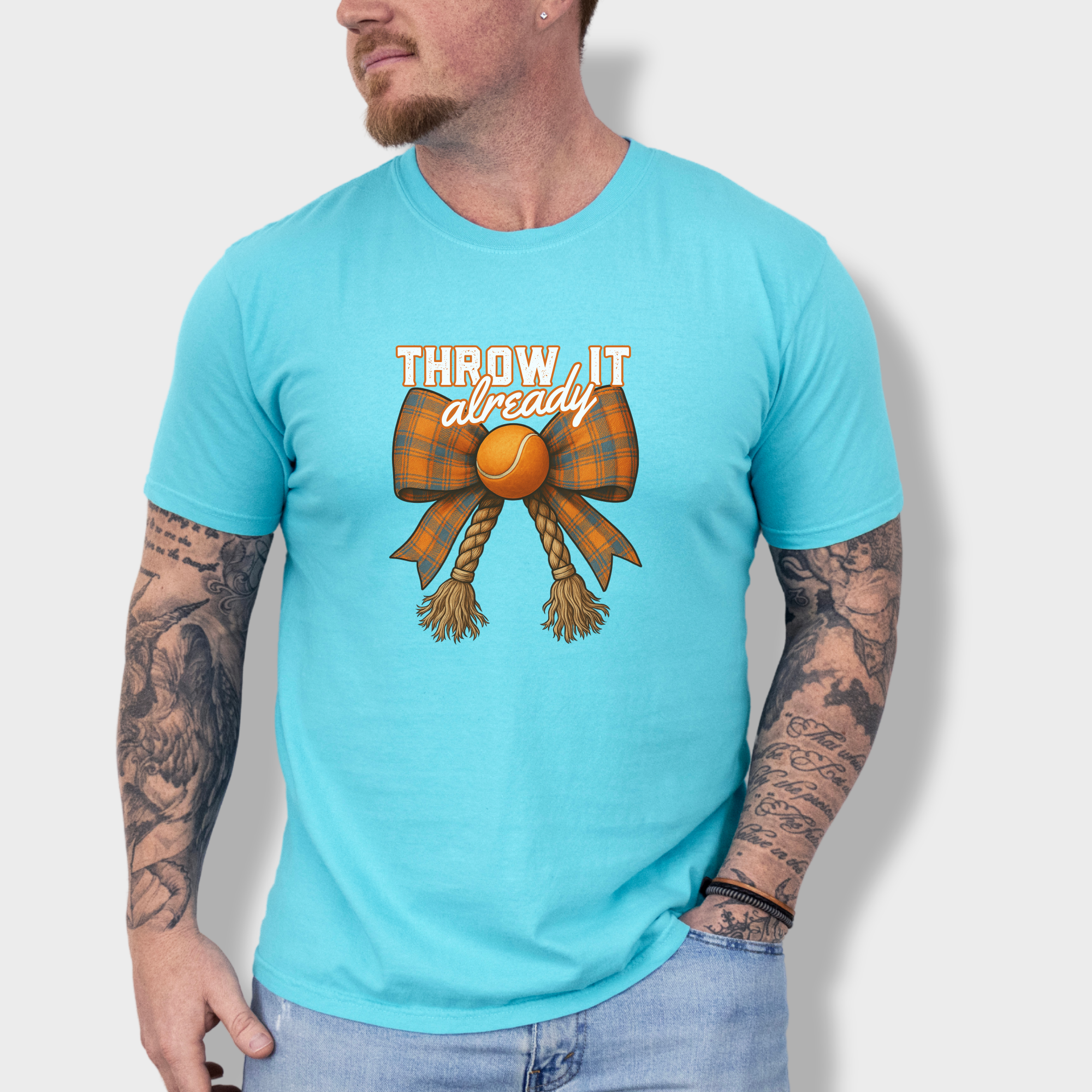 western-throw-it-already-dog-chew-toy-bow-dog-bow-comfort-colors-t-shirt-in-lagoon-blue - Lagoon Blue Lifestyle Male Model