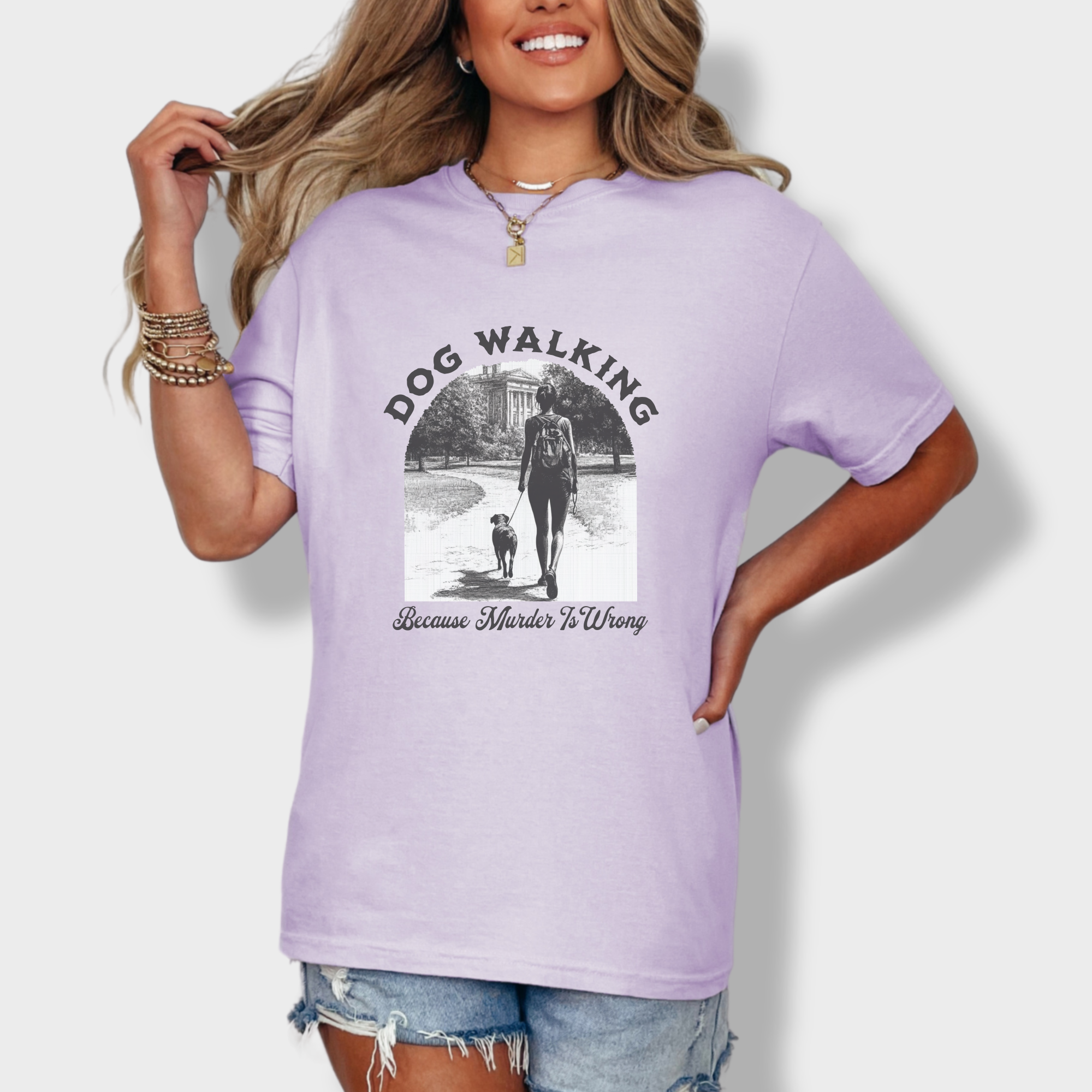 western-murder-is-wrong-dog-graphic-comfort-colors-t-shirt-in-orchid - Orchid Lifestyle Female Model