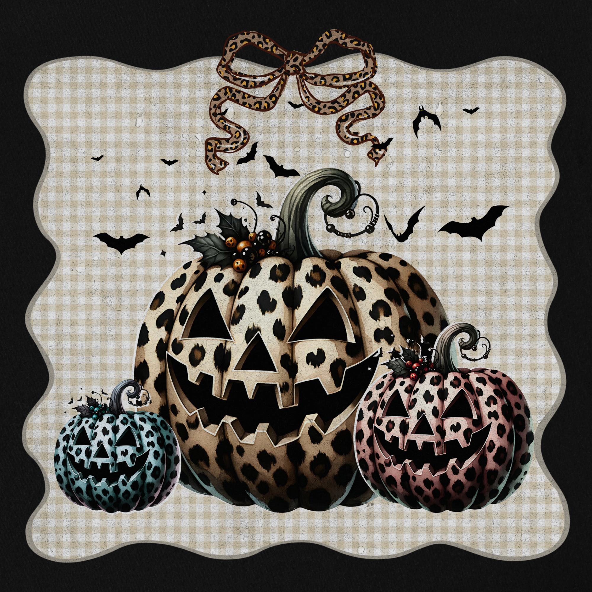 western-preppy-leopard-print-jack-o-lanterns-cat-bow-comfort-colors-t-shirt-in-black - Black Full Graphic
