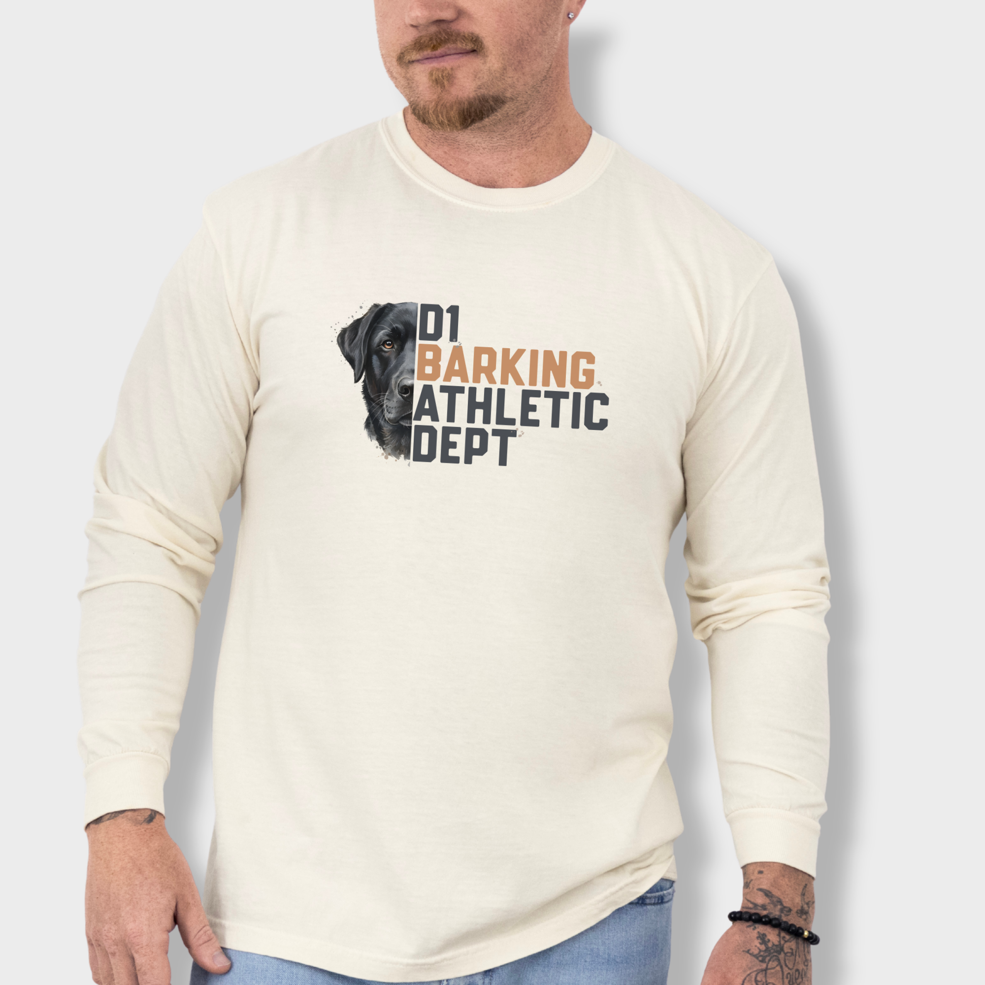 fetch-n-found  unisex tee for men and women featuring , D1 Barking Athletic Department Ivory graphic T-Shirt made of 100% cotton - Ivory Model 3