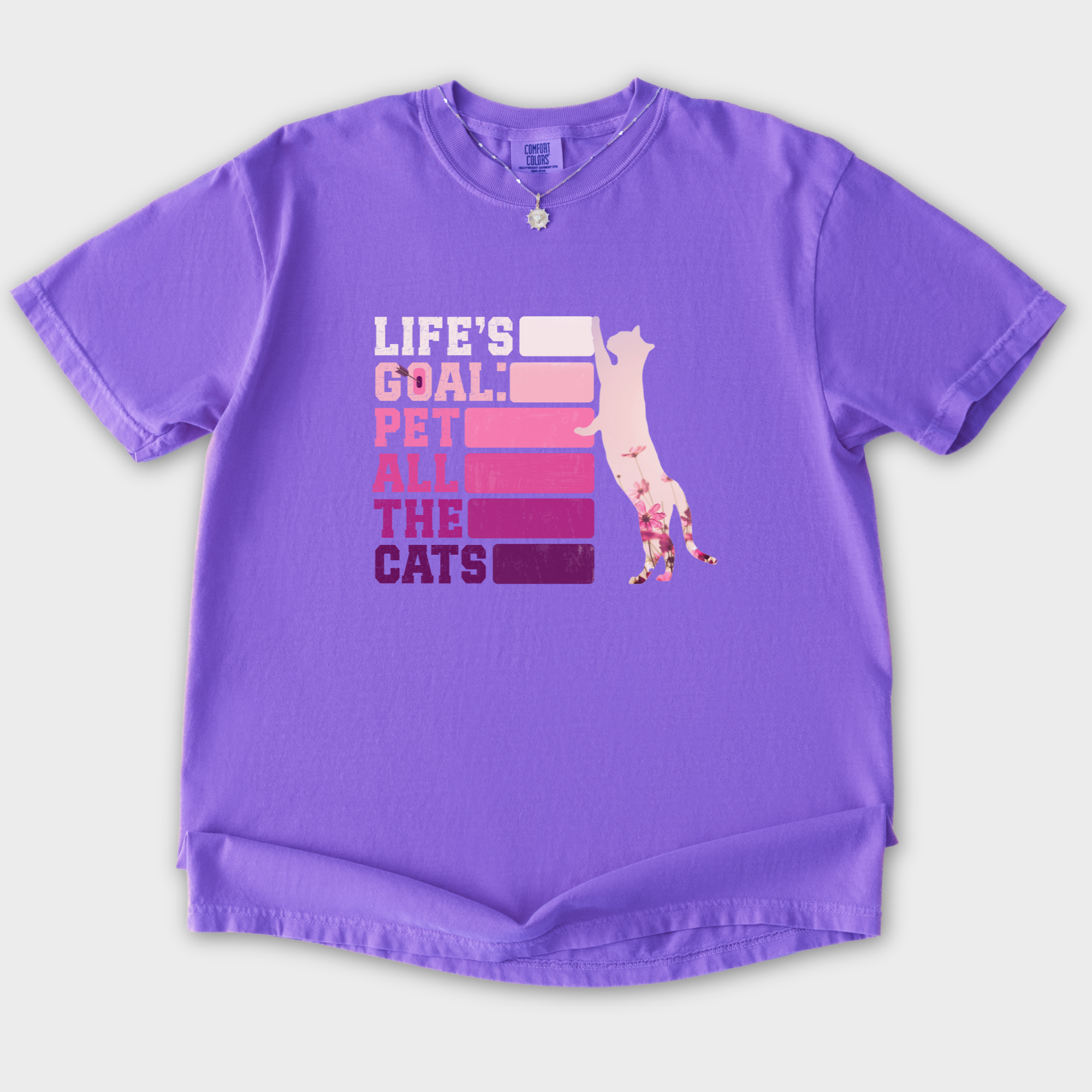 artistic-pet-all-the-cats-cat-text-comfort-colors-t-shirt-in-violet - Violet Flat Lay Front