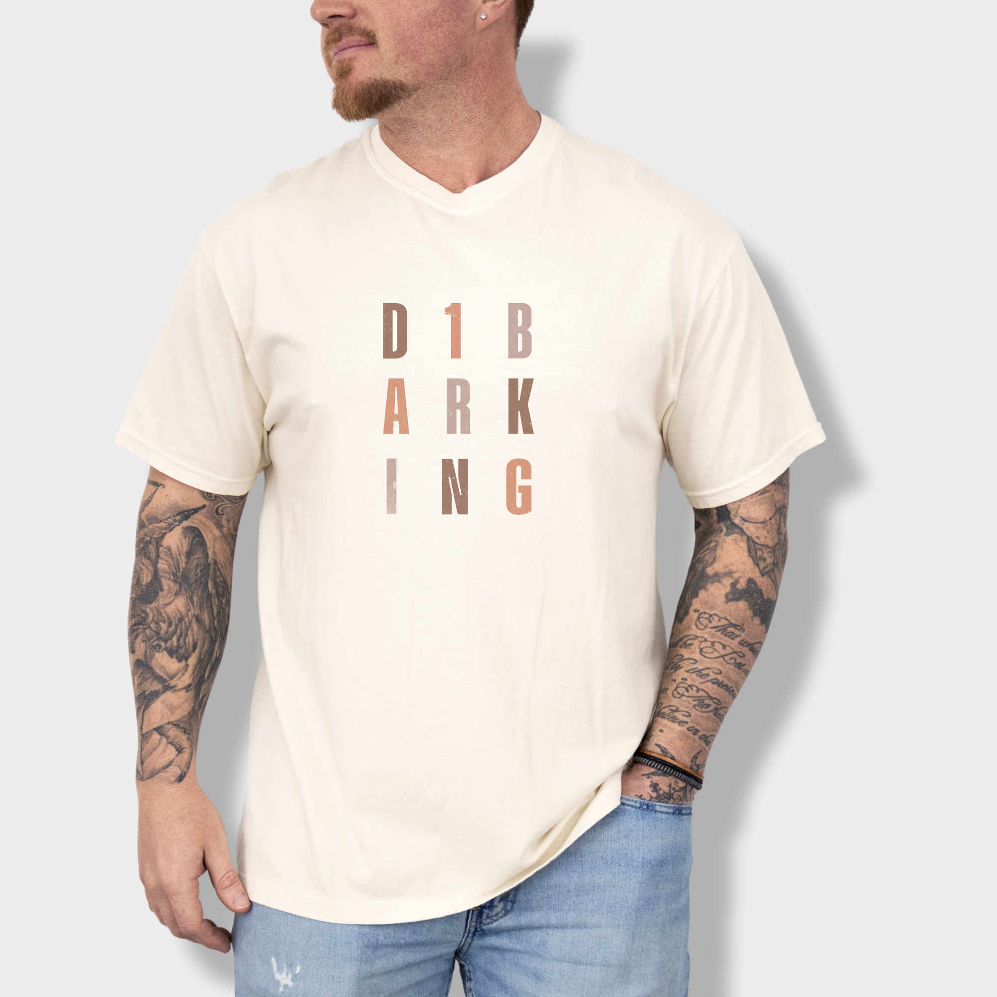 fetch-n-found  unisex tee for men and women featuring , D1 Barking Modern Neutral Grid Ivory graphic T-Shirt made of 100% cotton - Ivory Lifestyle Male Model