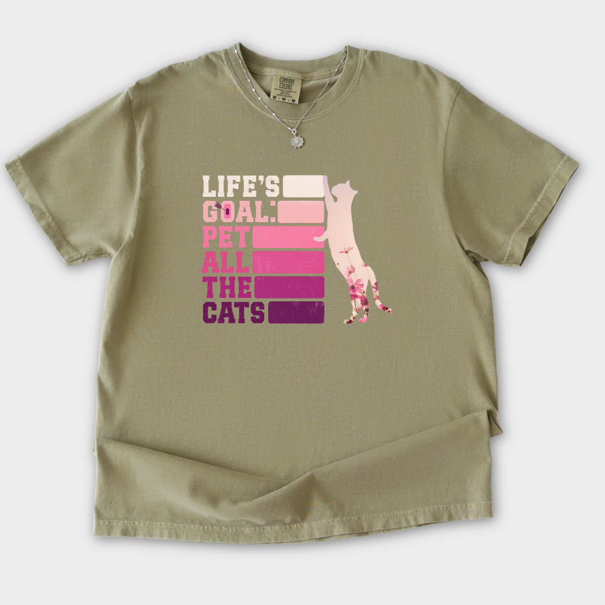 artistic-pet-all-the-cats-cat-text-comfort-colors-t-shirt-in-khaki - Khaki Flat Lay Front