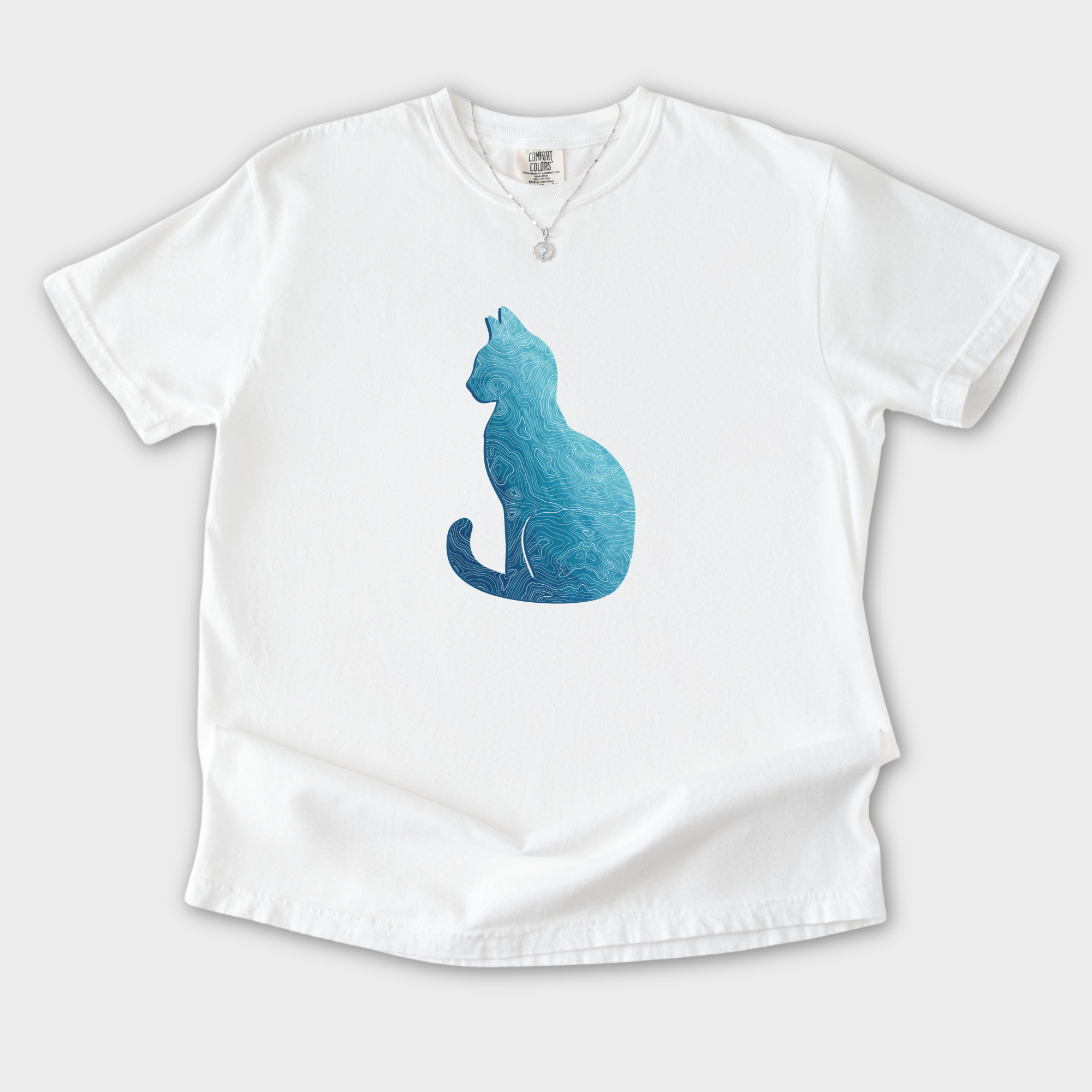 Comfort Colors® Cat unisex tee for men and women featuring Artistic, Topographical Cat White graphic T-Shirt made of 100% cotton by Fetch N Found - White Flat Lay Front