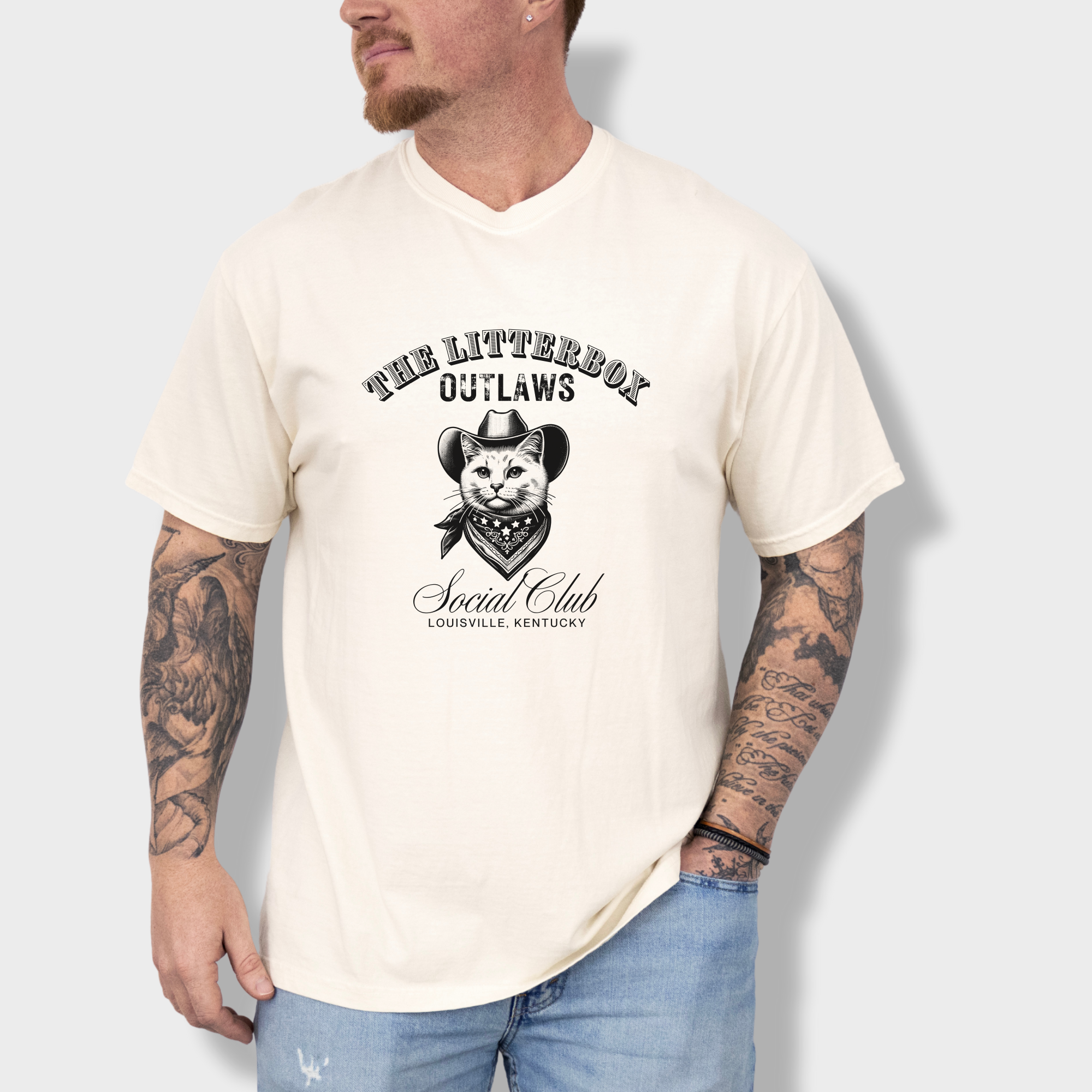 retro-cat-cowboy-litterbox-t-shirt-western-brown-line-art-in-ivory - Ivory Lifestyle Male Model