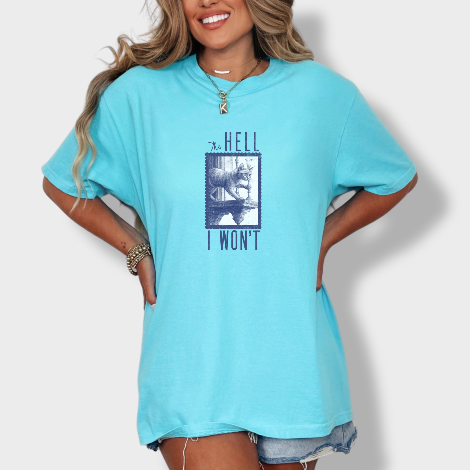 the-hell-i-wont-cat-edition-comfort-colors-t-shirt-in-lagoon-blue - Lagoon Blue Lifestyle Female Model