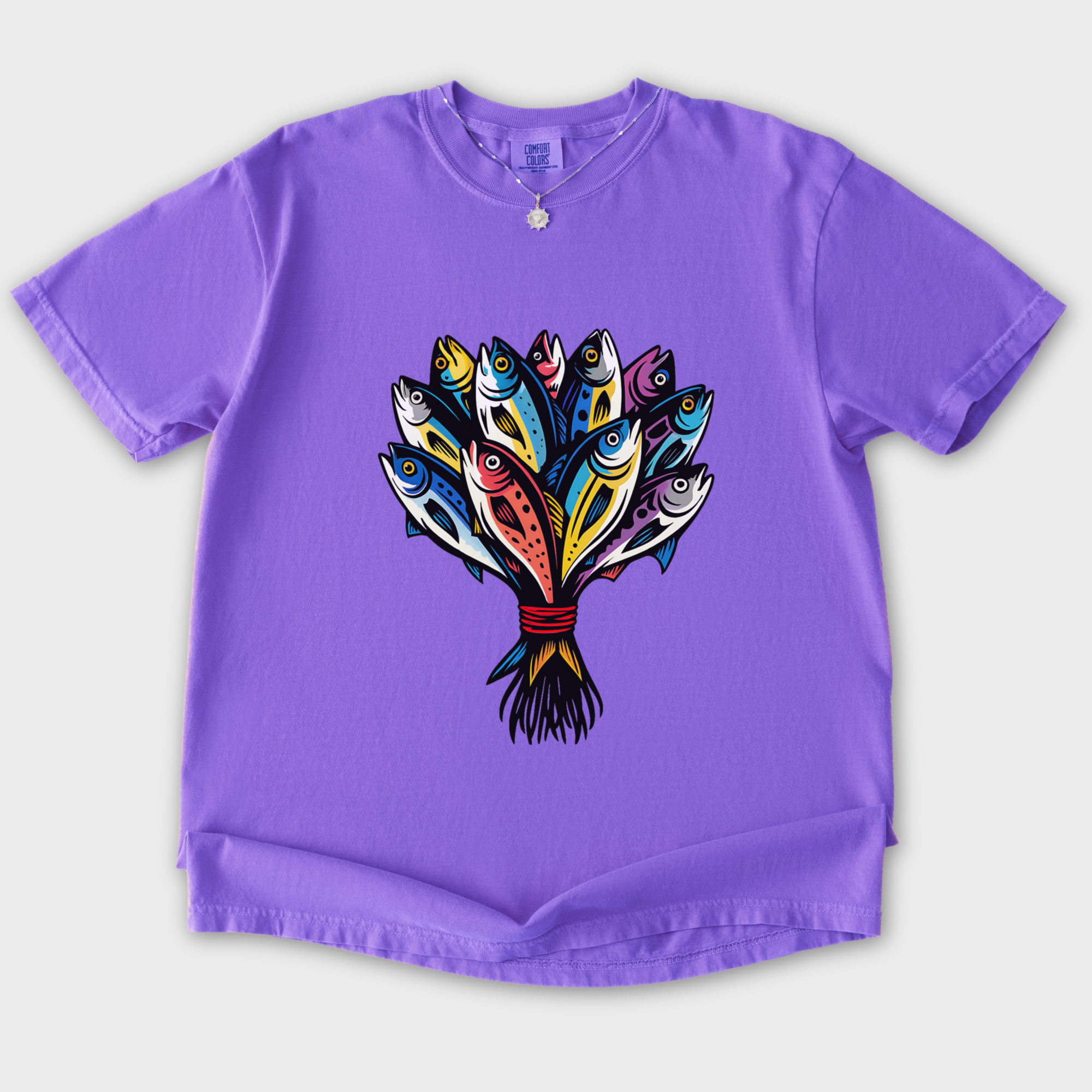 artistic-fish-bouquet-a-cats-dream-cat-graphic-comfort-colors-t-shirt-in-violet - Violet Flat Lay Front
