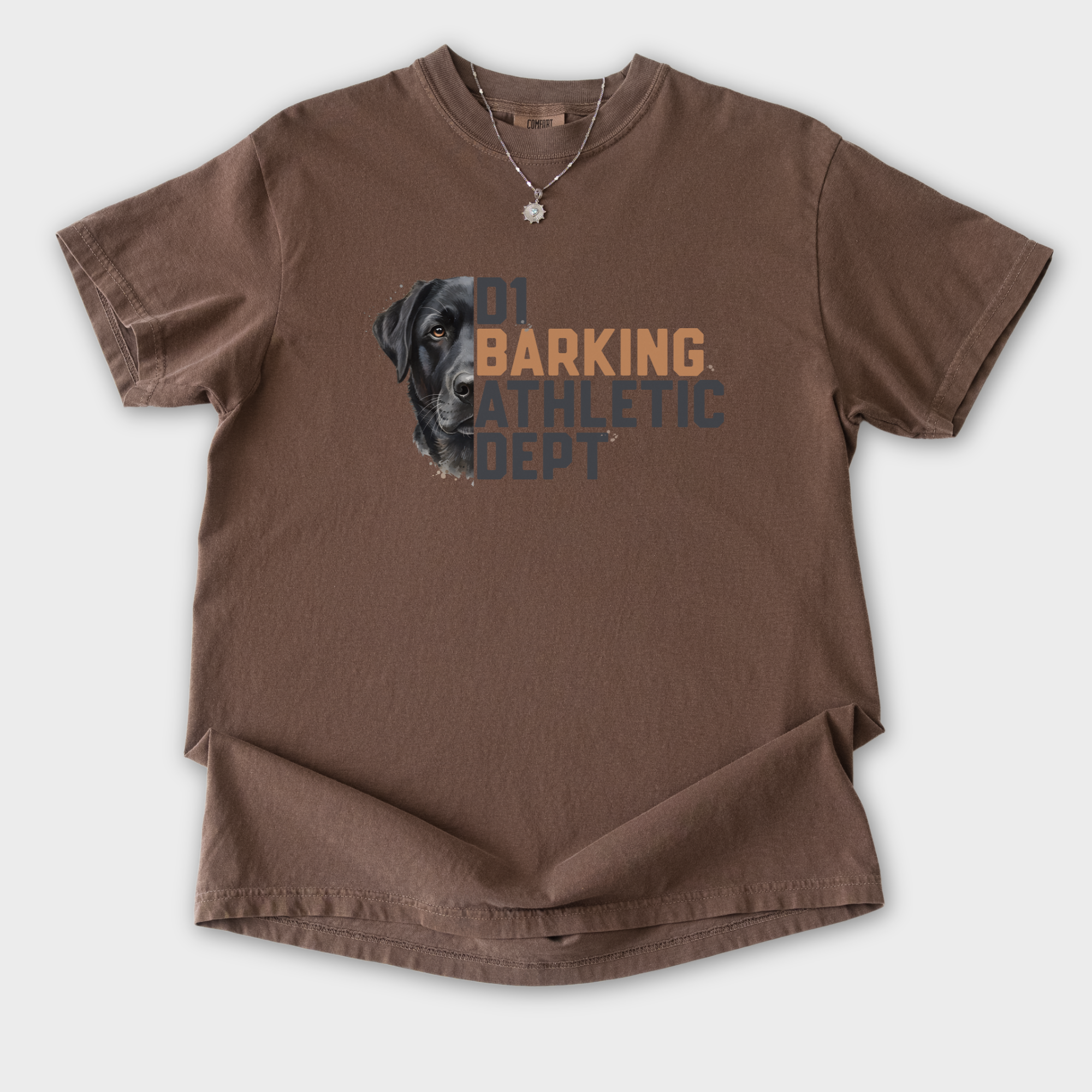 fetch-n-found  unisex tee for men and women featuring , D1 Barking Athletic Department Espresso graphic T-Shirt made of 100% cotton - Espresso Flat Lay Front