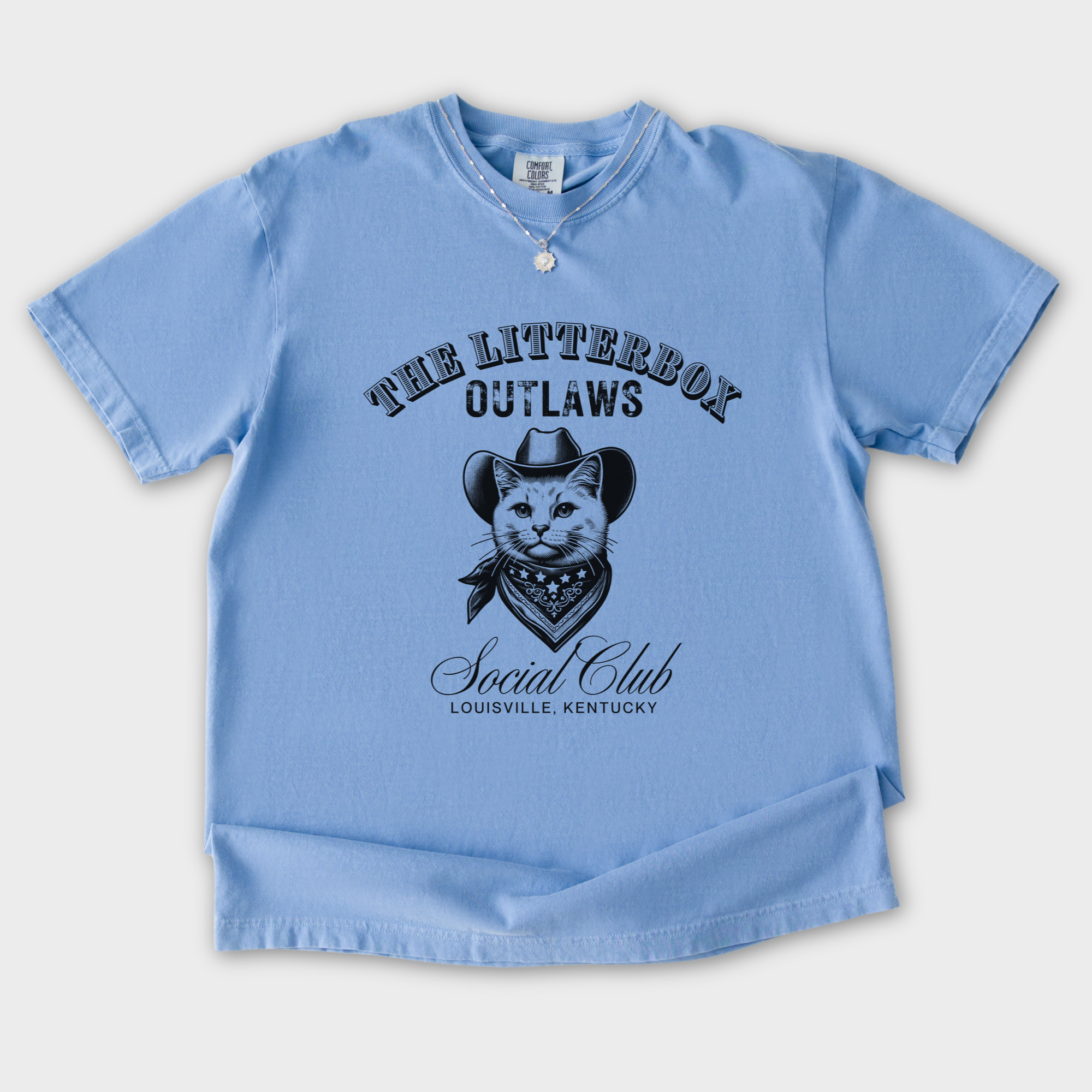 retro-cat-cowboy-litterbox-t-shirt-in-washed-denim - Washed Denim Flat Lay Front