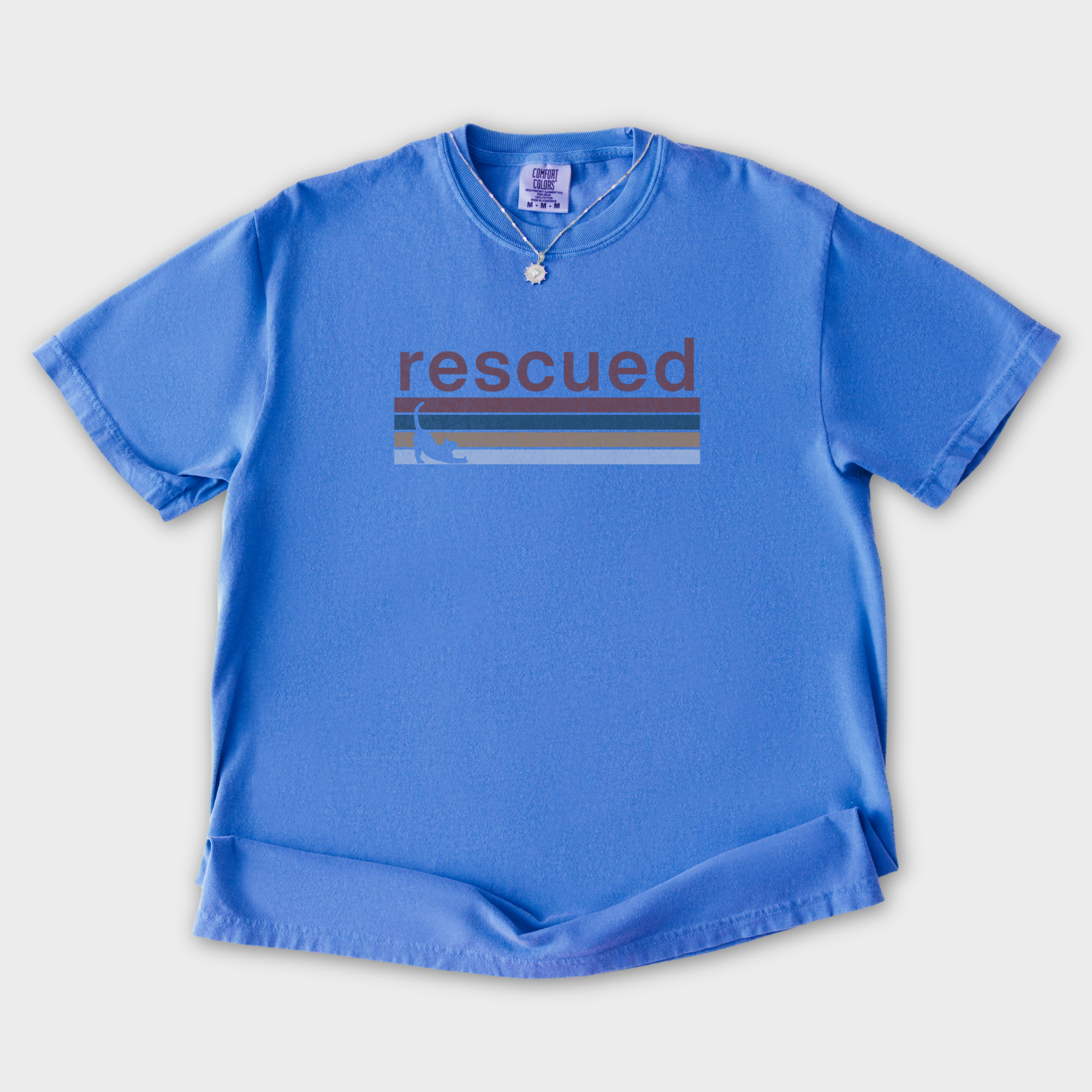 retro-cat-rescued-cat-graphic-comfort-colors-t-shirt-in-flo-blue - Flo Blue Flat Lay Front