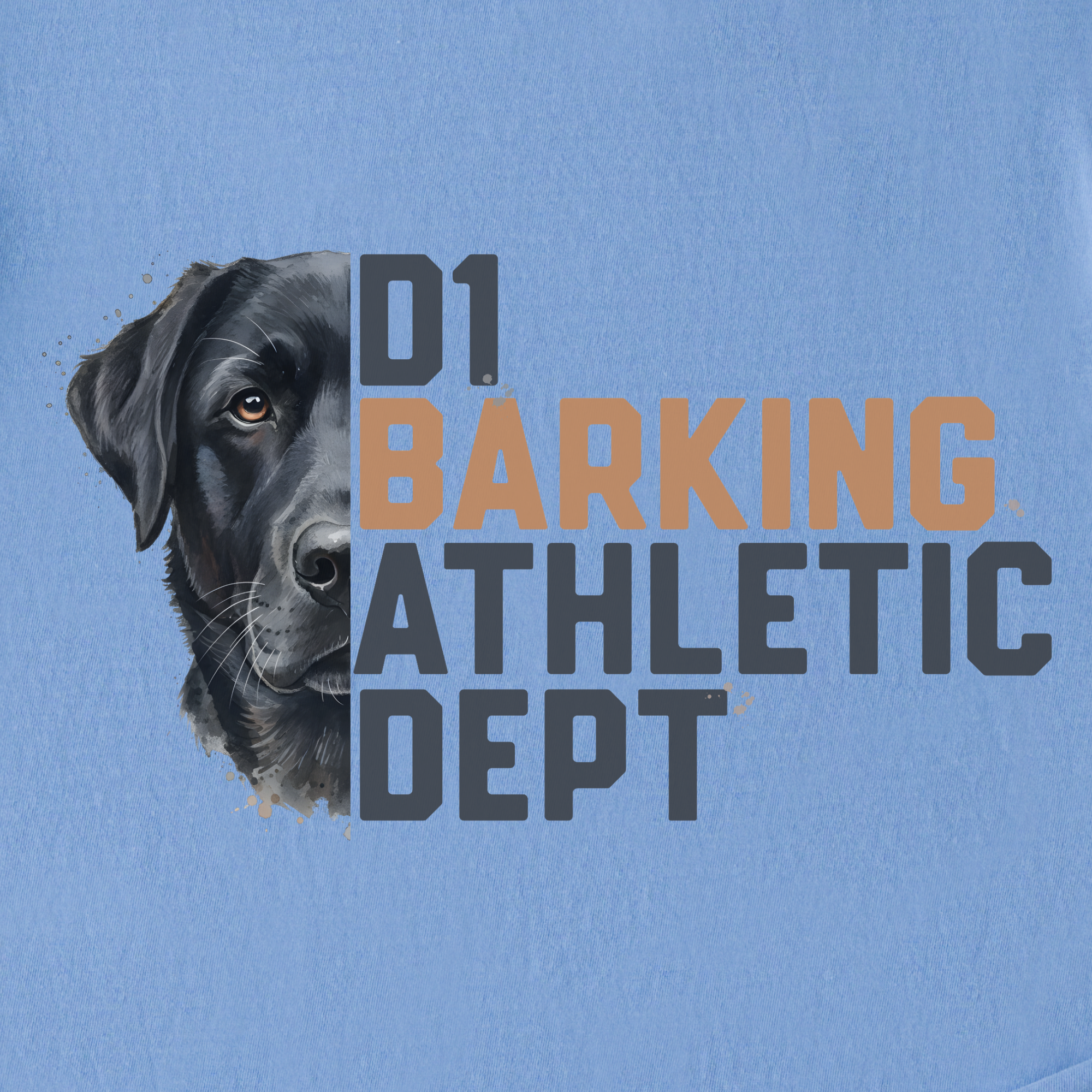 fetch-n-found  unisex tee for men and women featuring , D1 Barking Athletic Department Washed Denim graphic T-Shirt made of 100% cotton - Washed Denim Full Graphic