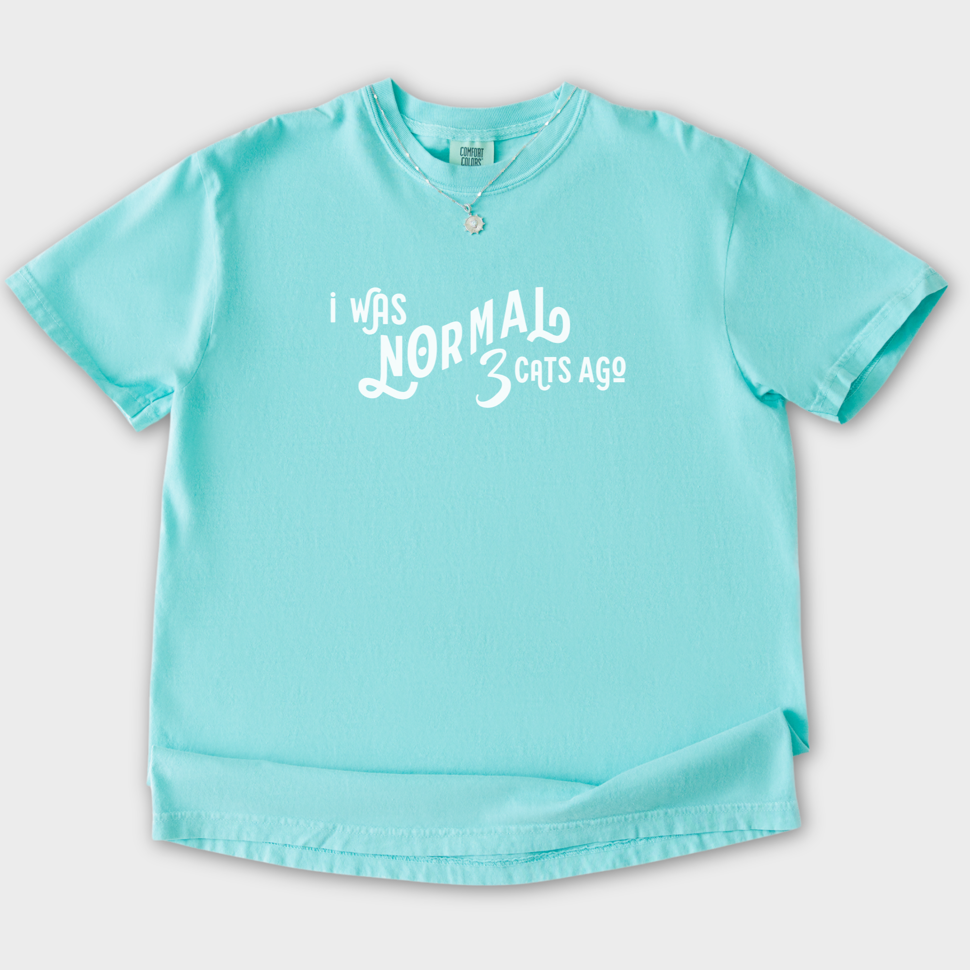 Comfort Colors® Cat unisex tee for men and women featuring Minimalist, I Was Normal 3 Cats Ago Chalky Mint graphic T-Shirt made of 100% cotton by Fetch N Found - Chalky Mint Flat Lay Front