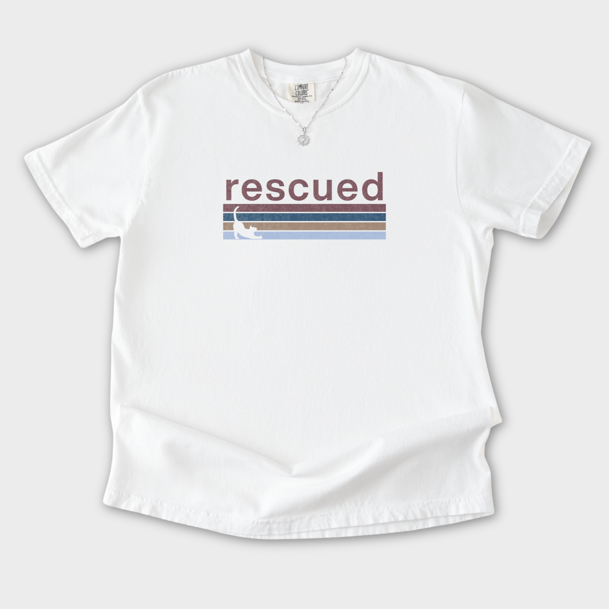 retro-cat-rescued-cat-graphic-comfort-colors-t-shirt-in-white - White Flat Lay Front