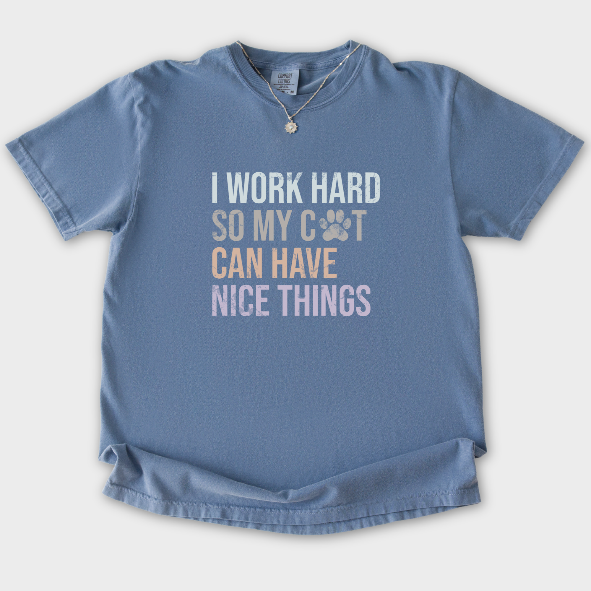 cat-has-nice-things-t-shirt-in-blue-jean - Blue Jean Flat Lay Front