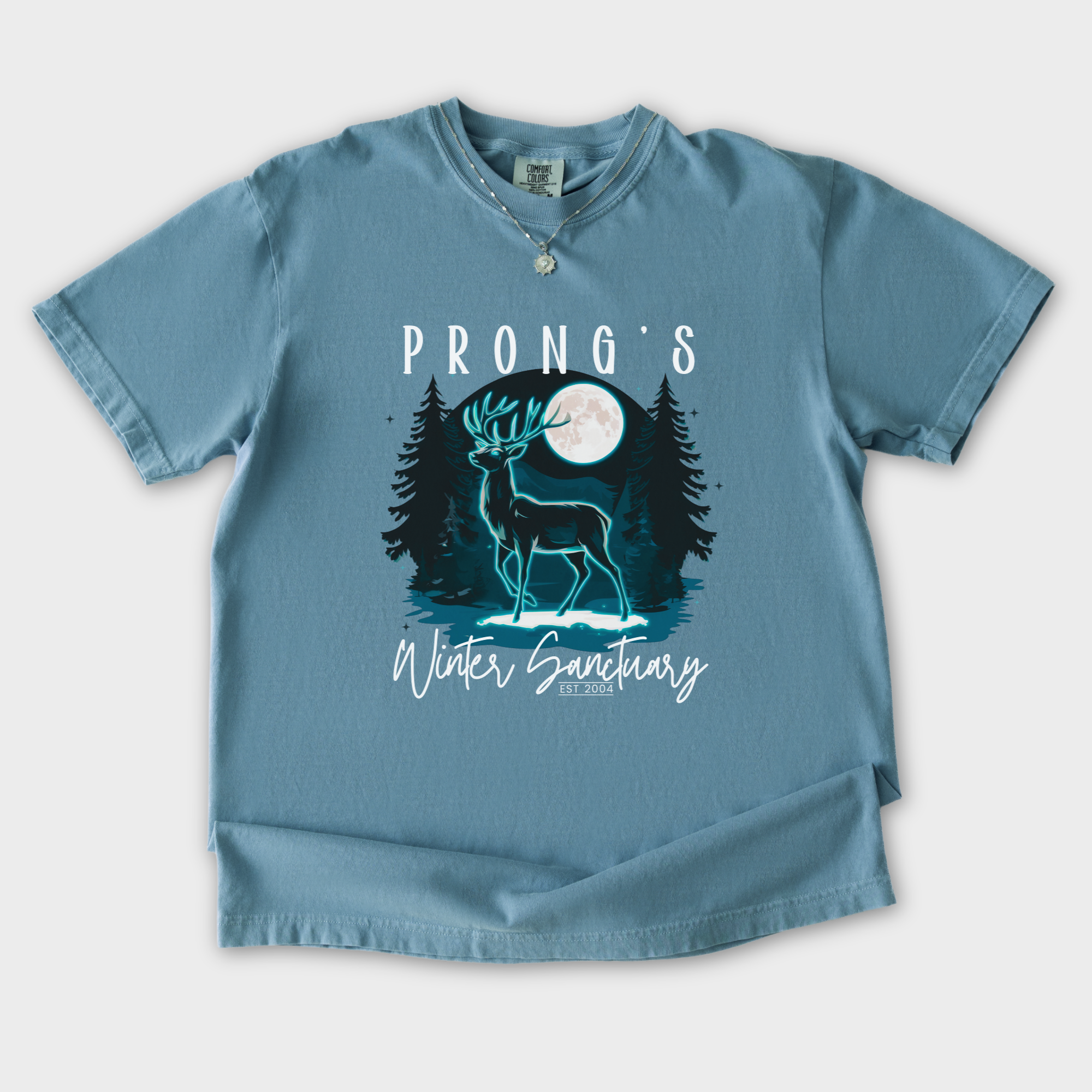 prong-patronus-winter-sanctuary-t-shirt-in-ice-blue - Ice Blue Flat Lay Front